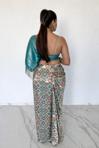 Teal Metallic Fringe Blouse with Printed Drape Skirt