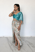 Teal Metallic Fringe Blouse with Printed Drape Skirt