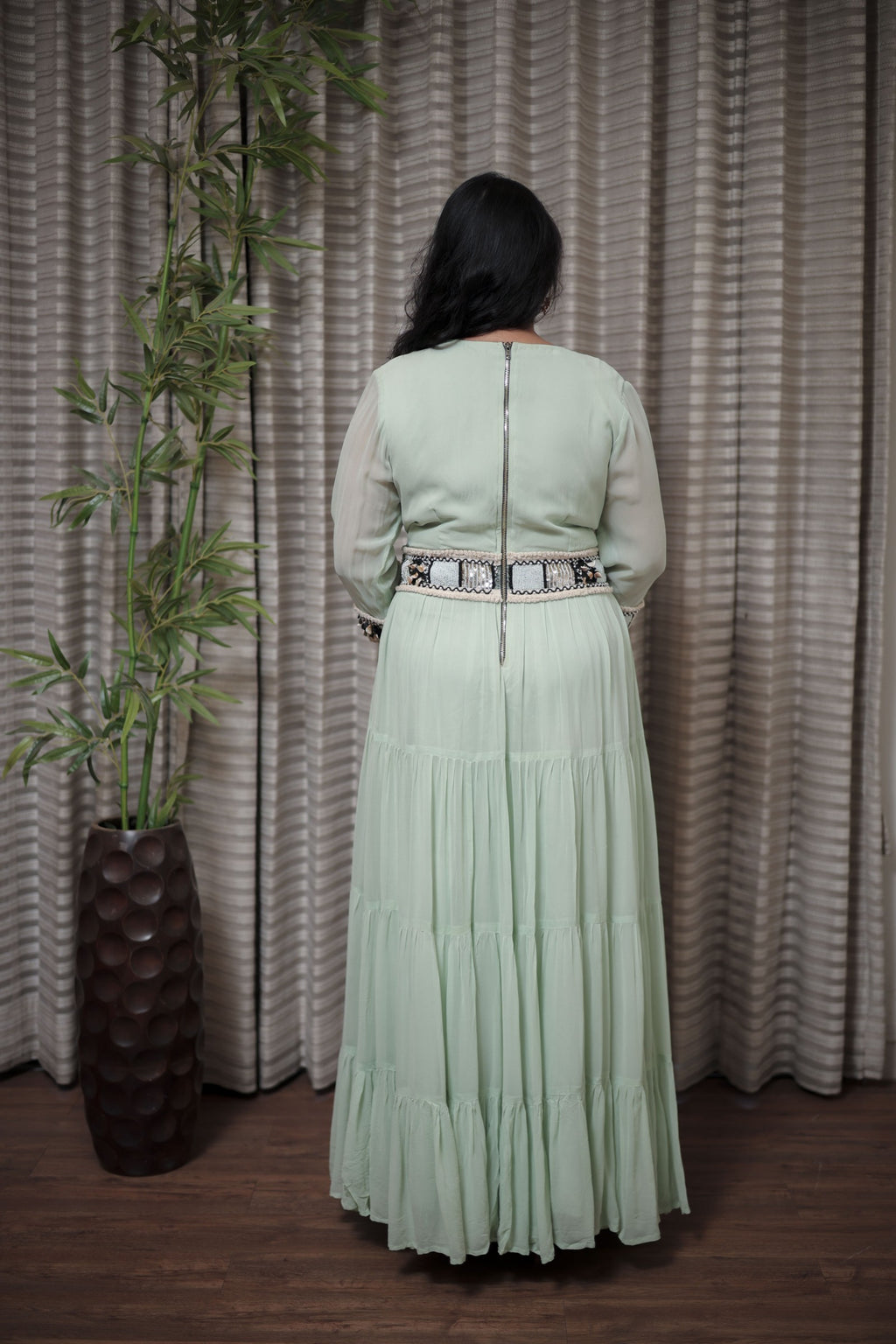 Mint Green Tiered Maxi Dress with Detailed Shell & Bead Embroidery