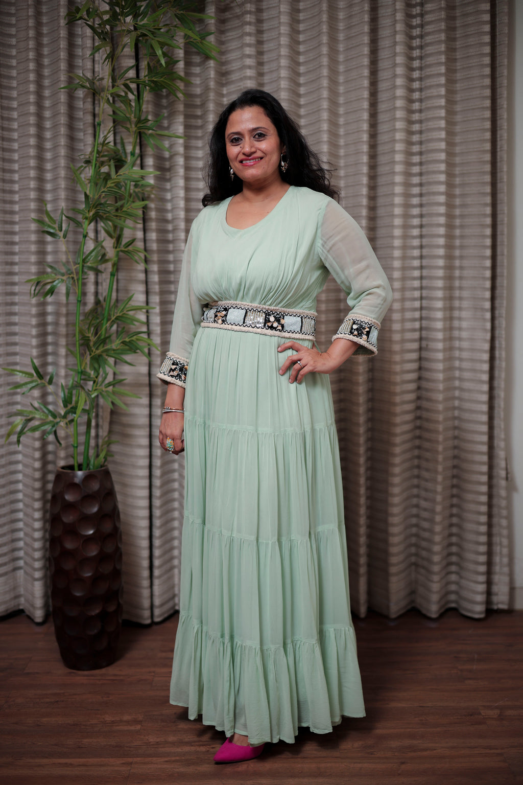 Mint Green Tiered Maxi Dress with Detailed Shell & Bead Embroidery