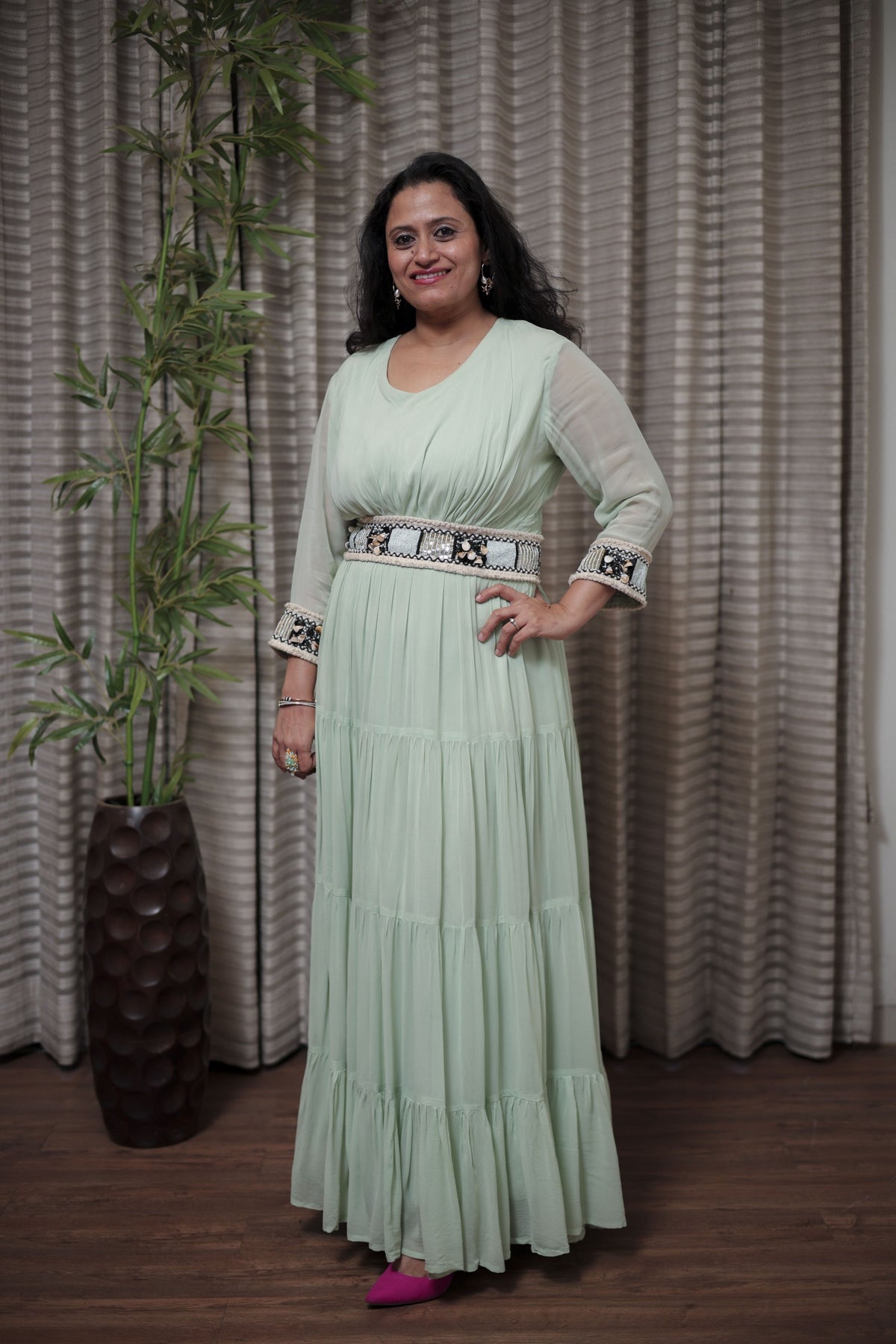 Mint Green Tiered Maxi Dress with Detailed Shell & Bead Embroidery