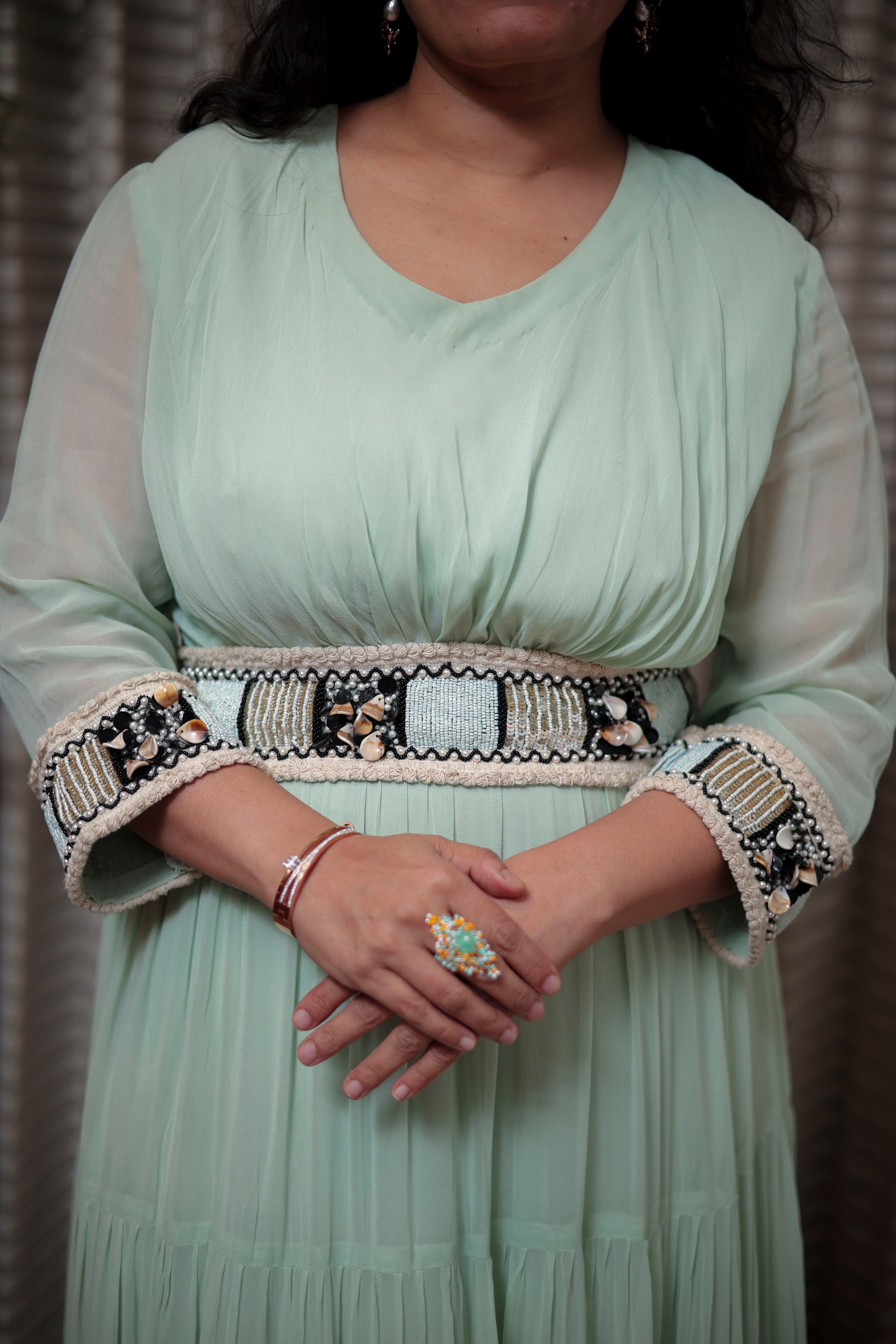 Mint Green Tiered Maxi Dress with Detailed Shell & Bead Embroidery