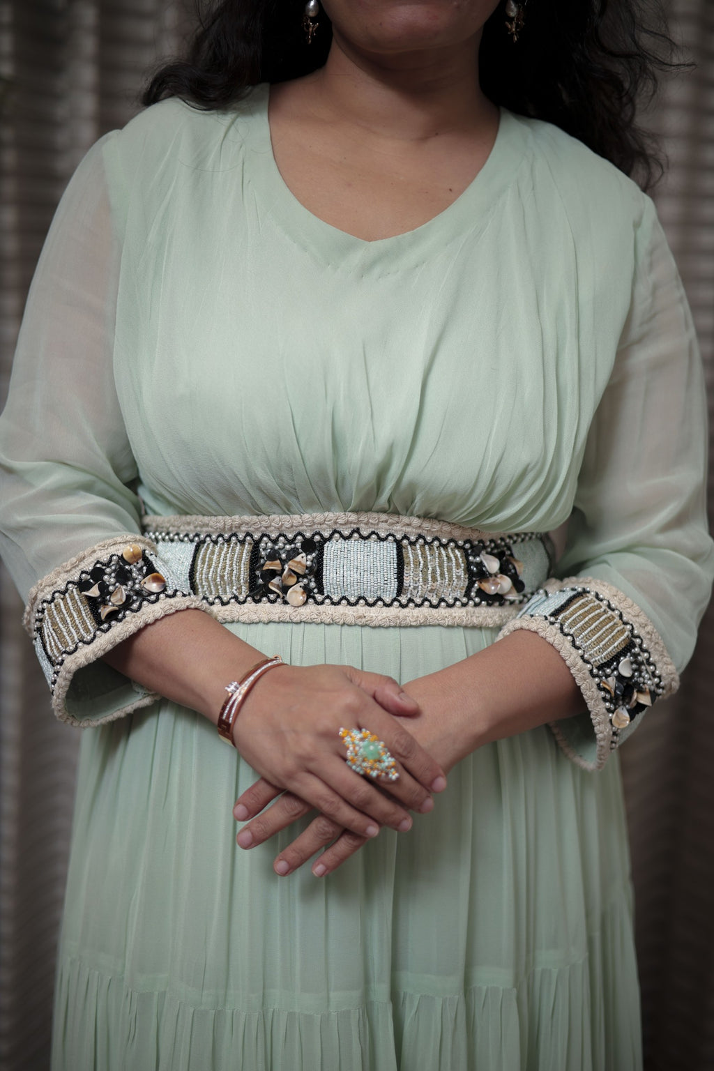 Mint Green Tiered Maxi Dress with Detailed Shell & Bead Embroidery