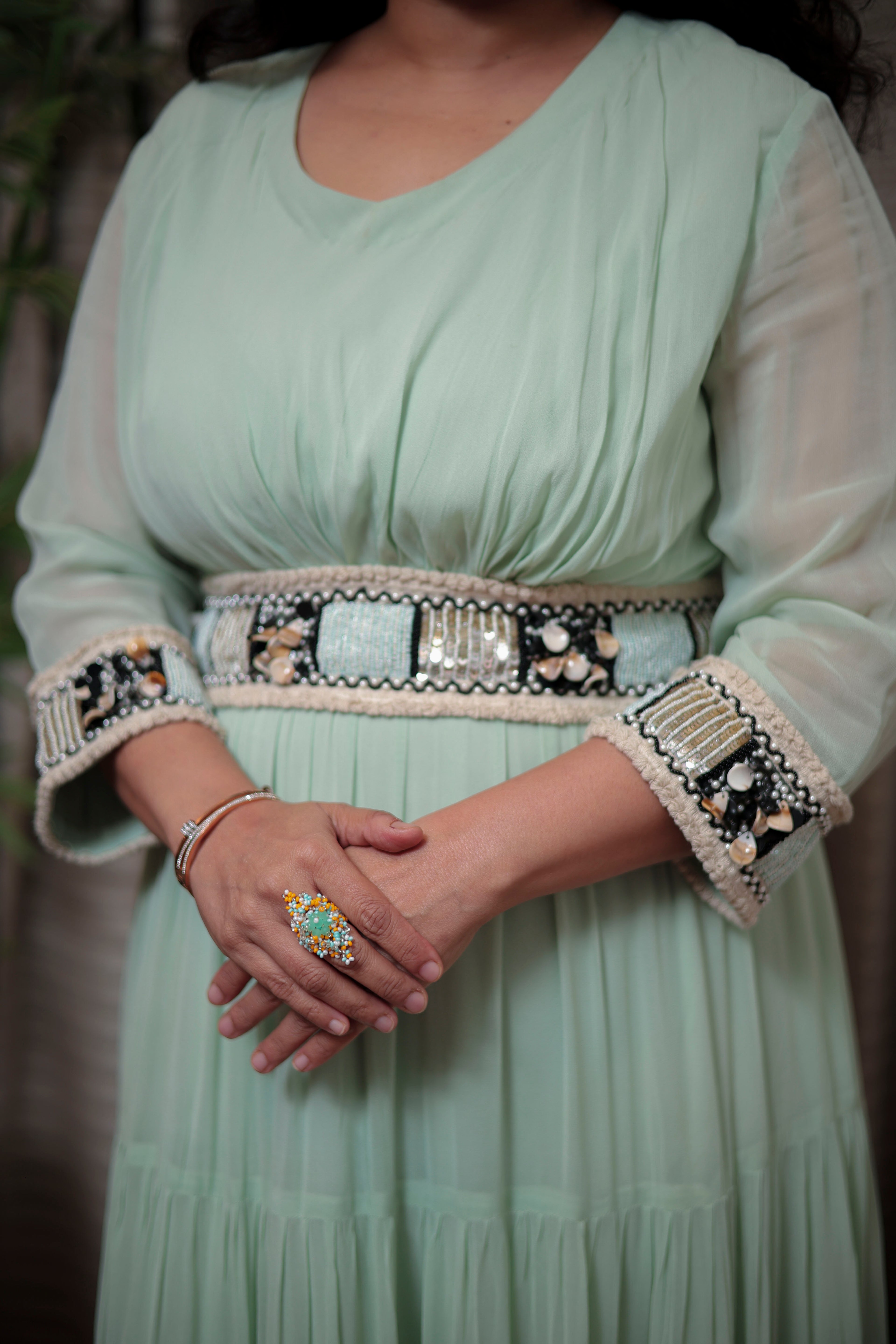 Mint Green Tiered Maxi Dress with Detailed Shell & Bead Embroidery