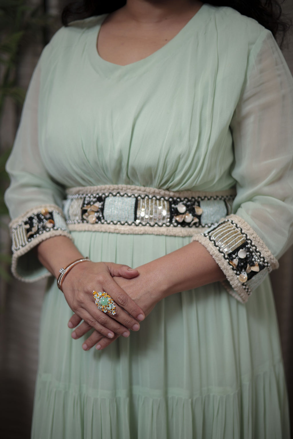 Mint Green Tiered Maxi Dress with Detailed Shell & Bead Embroidery