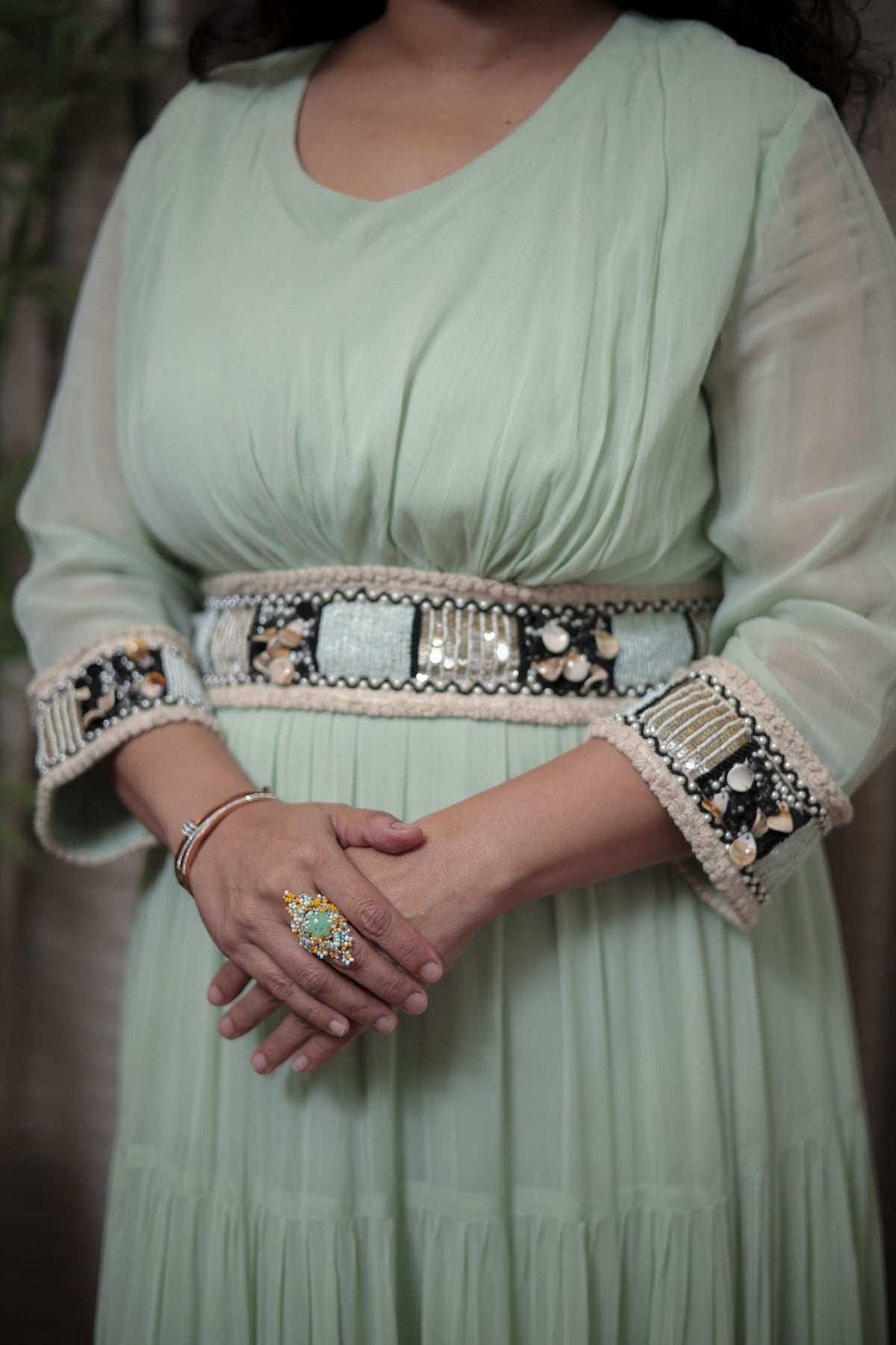 Mint Green Tiered Maxi Dress with Detailed Shell & Bead Embroidery