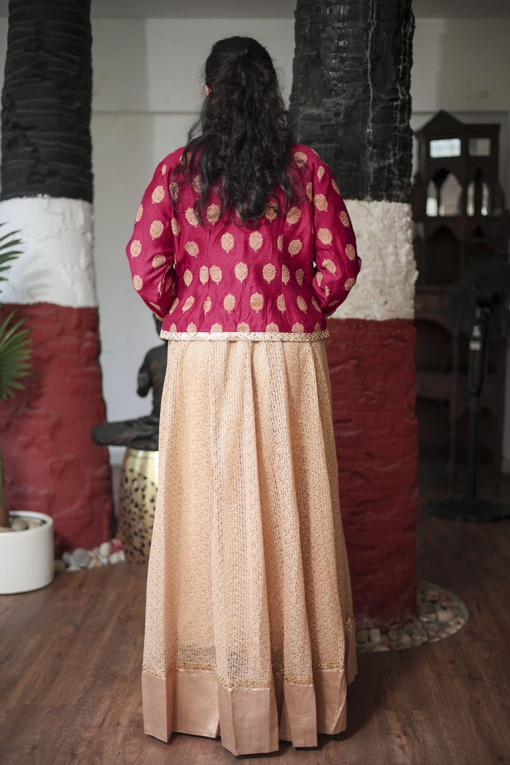 Ethereal Gold Net Anarkali with Banarasi Silk Cropped Jacket