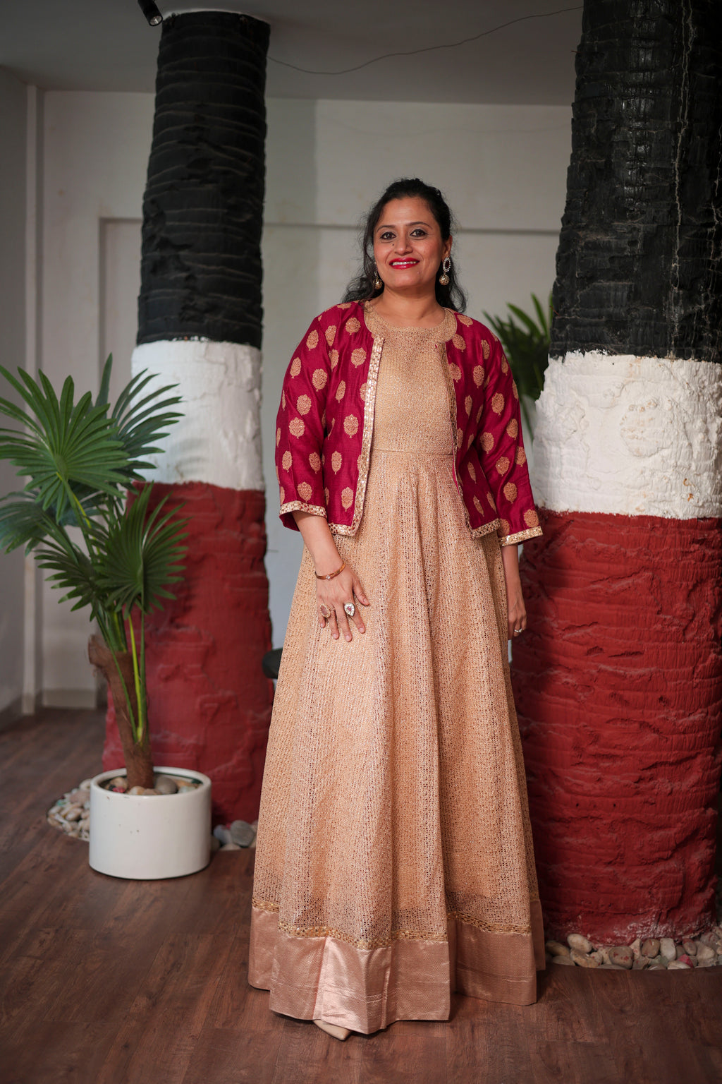 Ethereal Gold Net Anarkali with Banarasi Silk Cropped Jacket