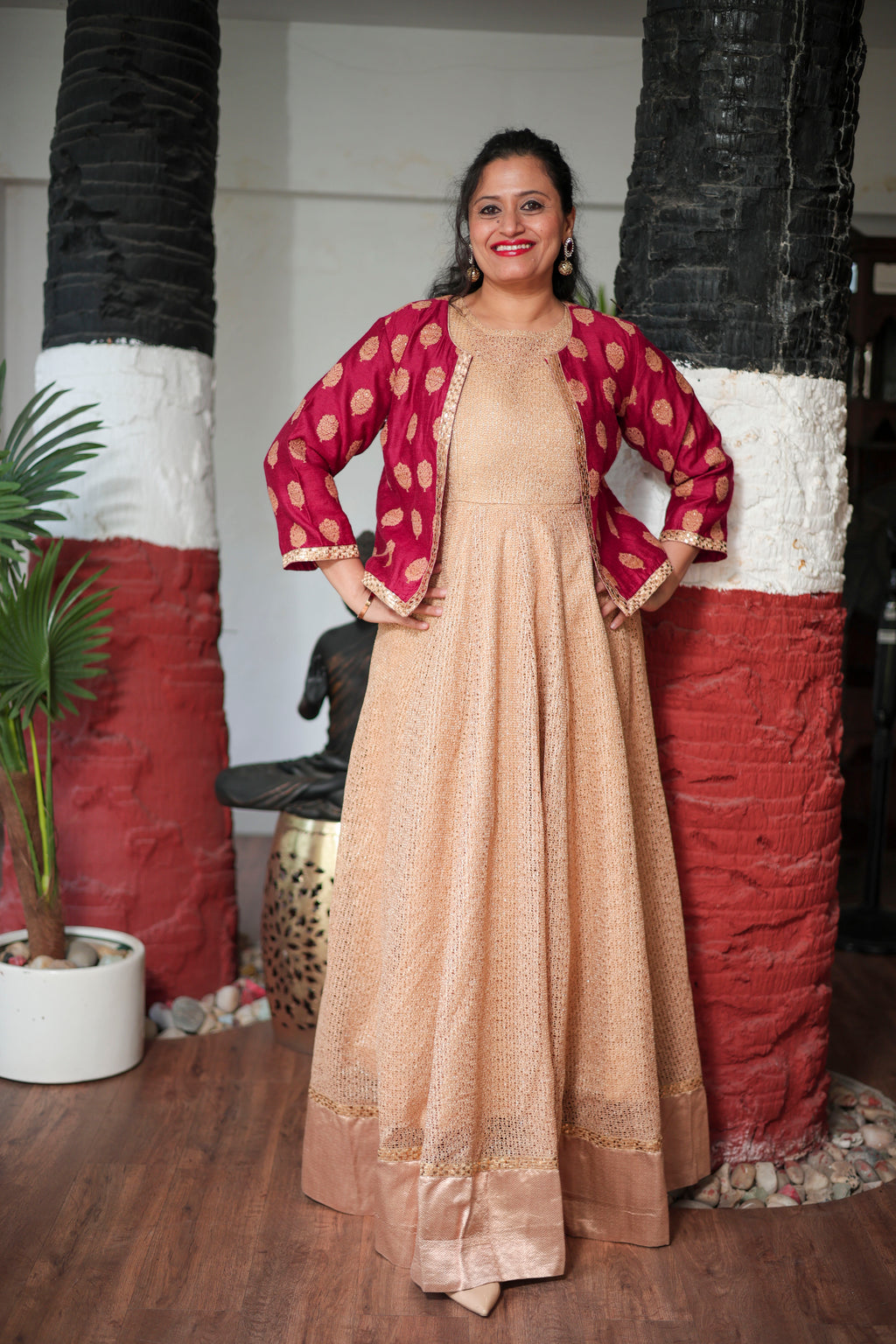 Ethereal Gold Net Anarkali with Banarasi Silk Cropped Jacket