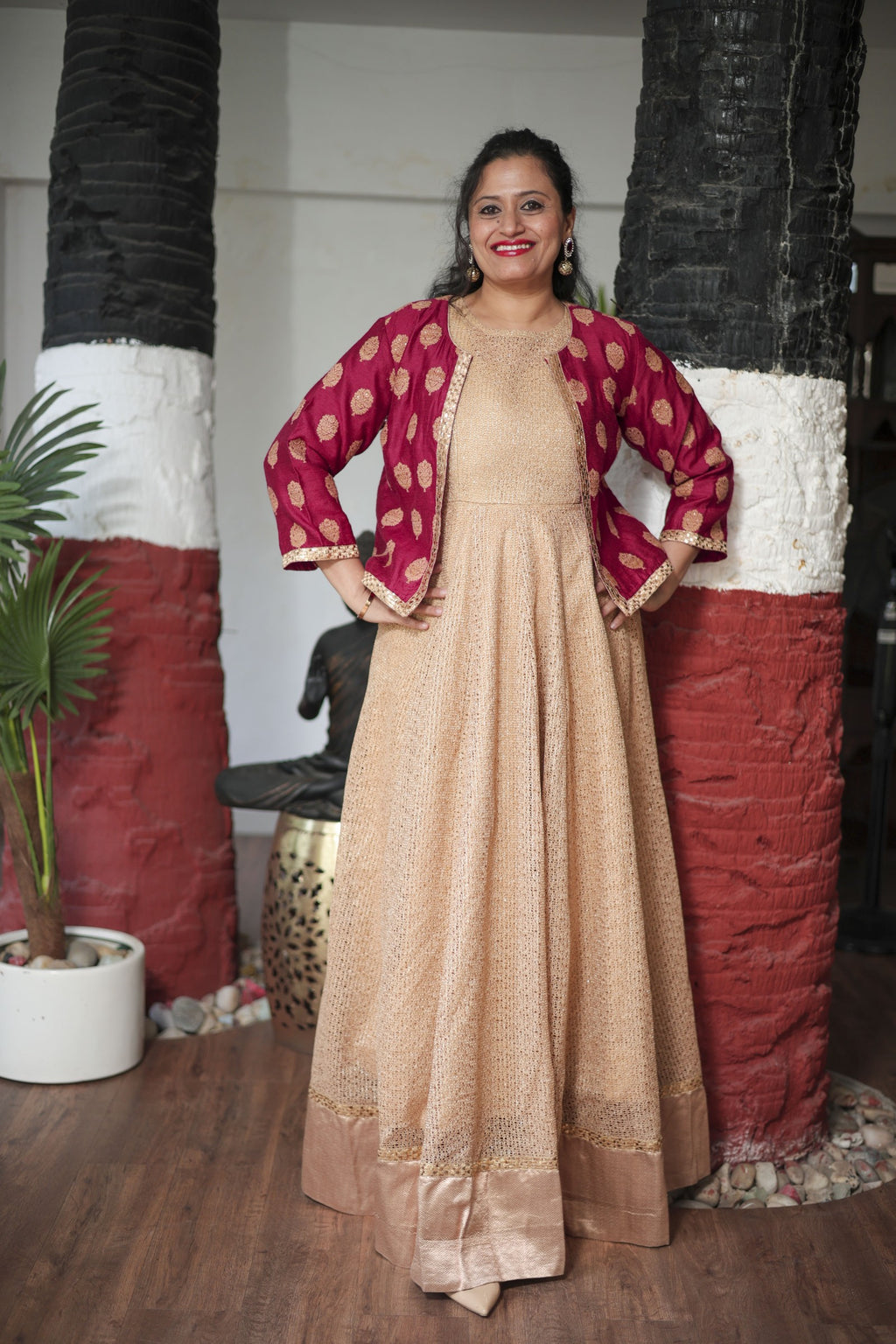 Ethereal Gold Net Anarkali with Banarasi Silk Cropped Jacket