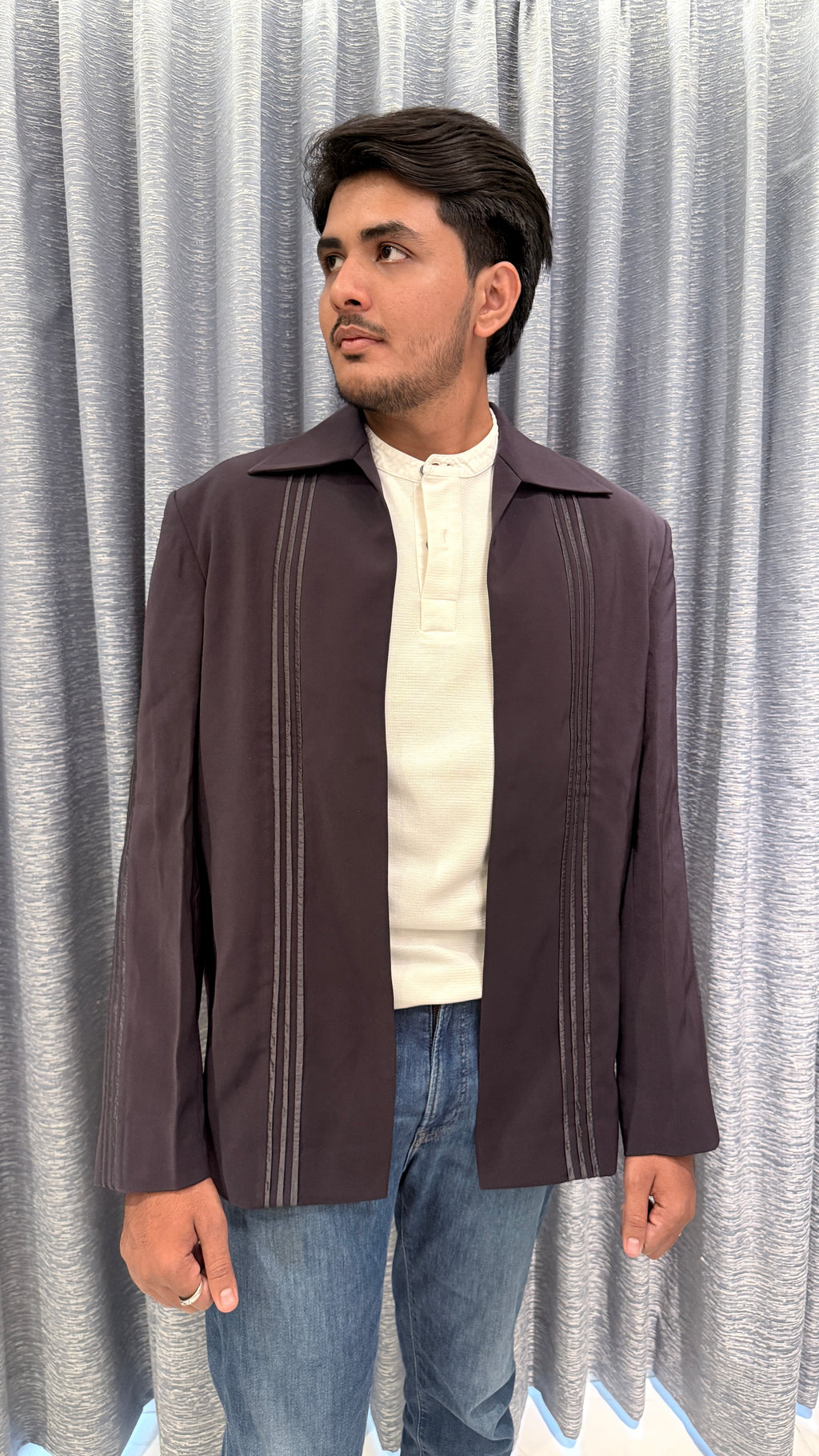 Vintage Coffee Brown Open-Front Blazer with Pleated Detailing