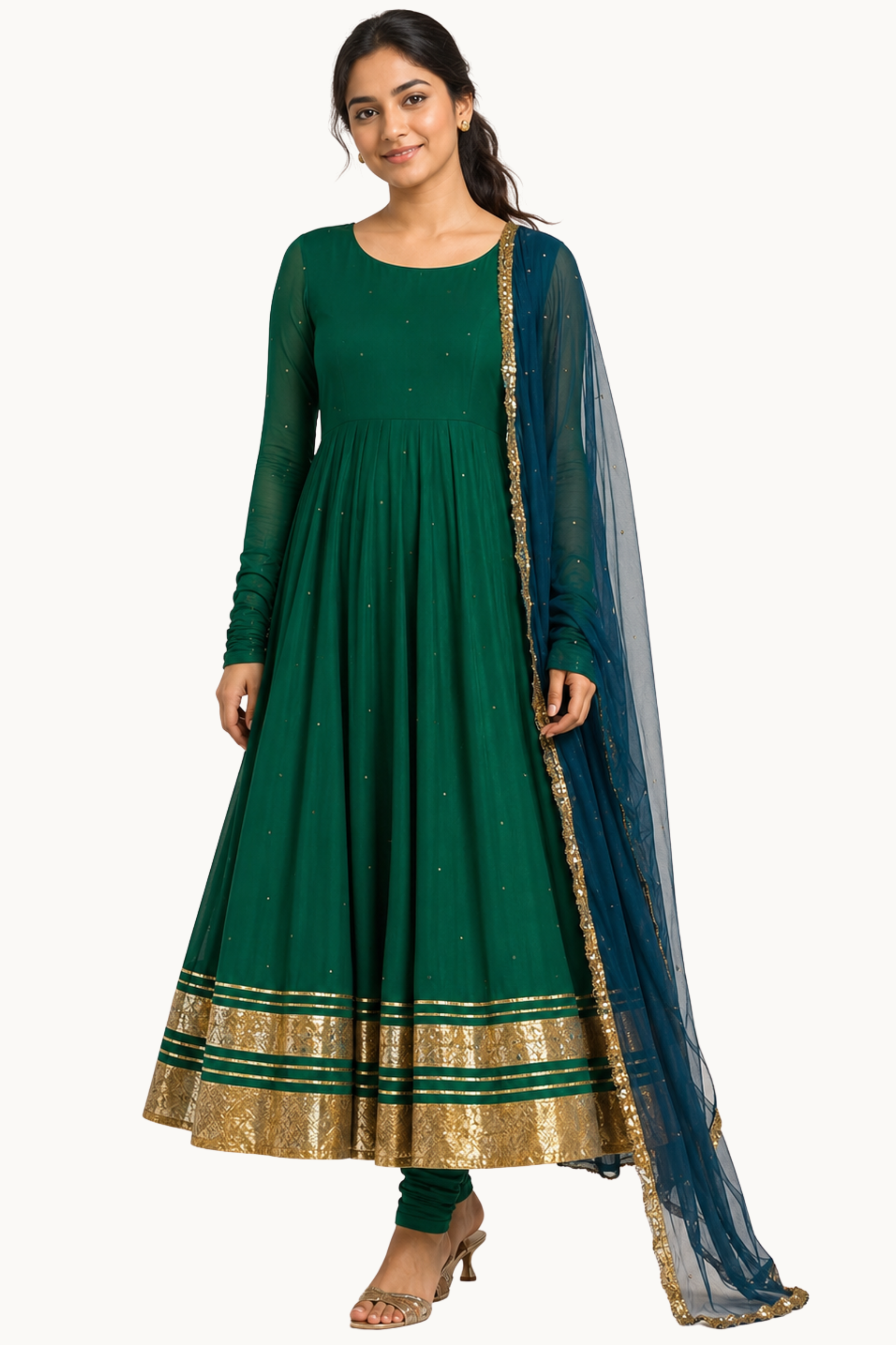 Emerald Green Georgette Anarkali Suit Set with Zari Border and Contrast Dupatta