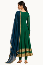Emerald Green Georgette Anarkali Suit Set with Zari Border and Contrast Dupatta