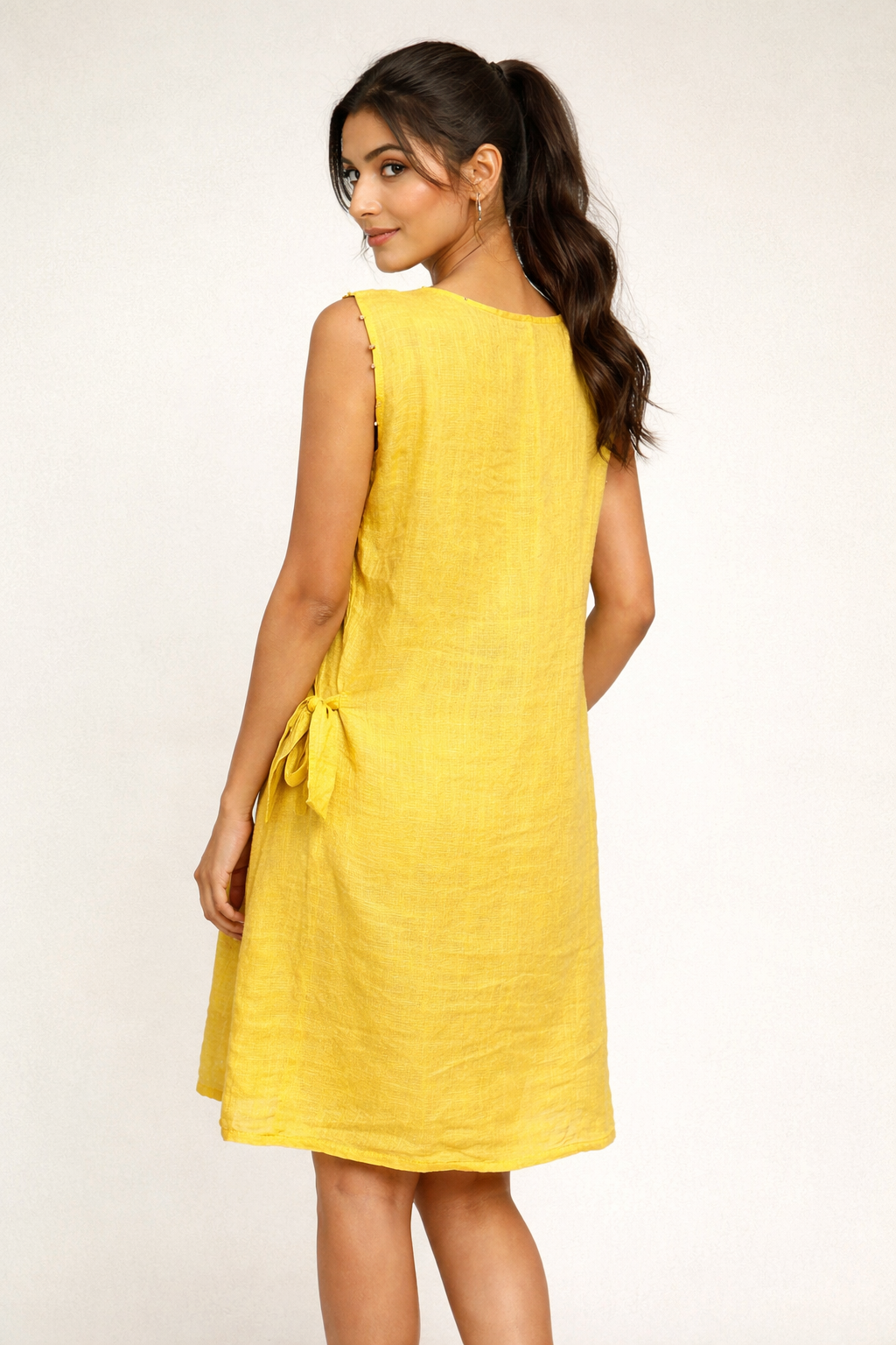 Mustard Yellow Linen Side-Tie Shift Dress