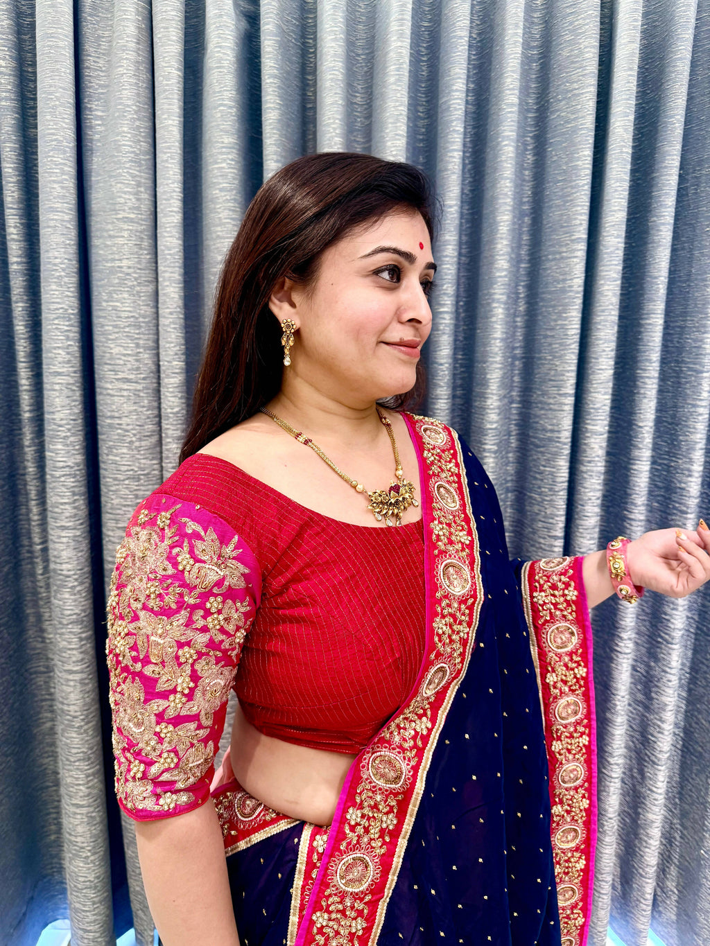 Royal Navy & Fuchsia Hand-Embroidered Chaniya Choli
