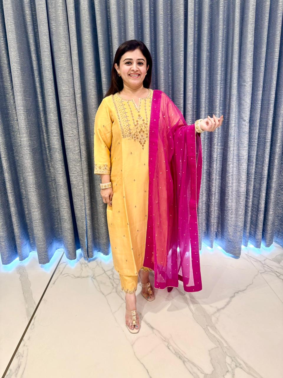 Sunshine Yellow Embroidered Kurta Set with Pink Dupatta