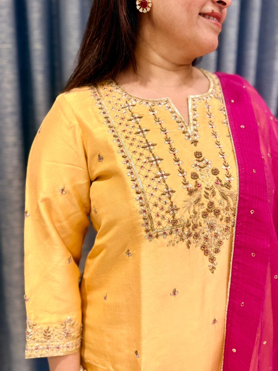 Sunshine Yellow Embroidered Kurta Set with Pink Dupatta