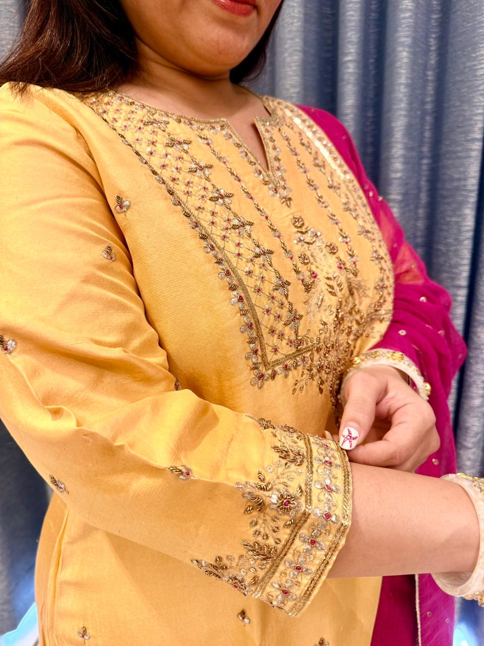 Sunshine Yellow Embroidered Kurta Set with Pink Dupatta