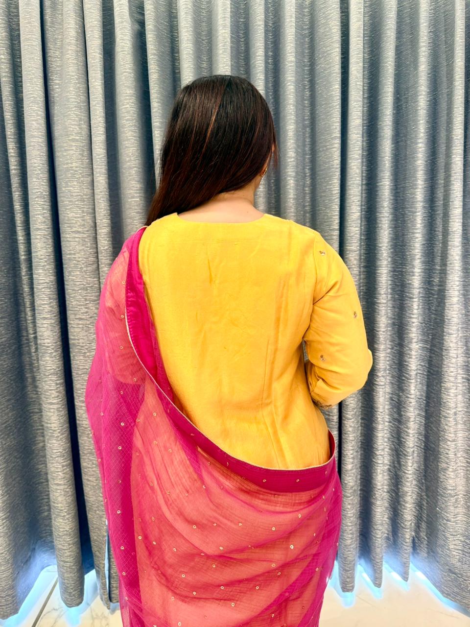 Sunshine Yellow Embroidered Kurta Set with Pink Dupatta