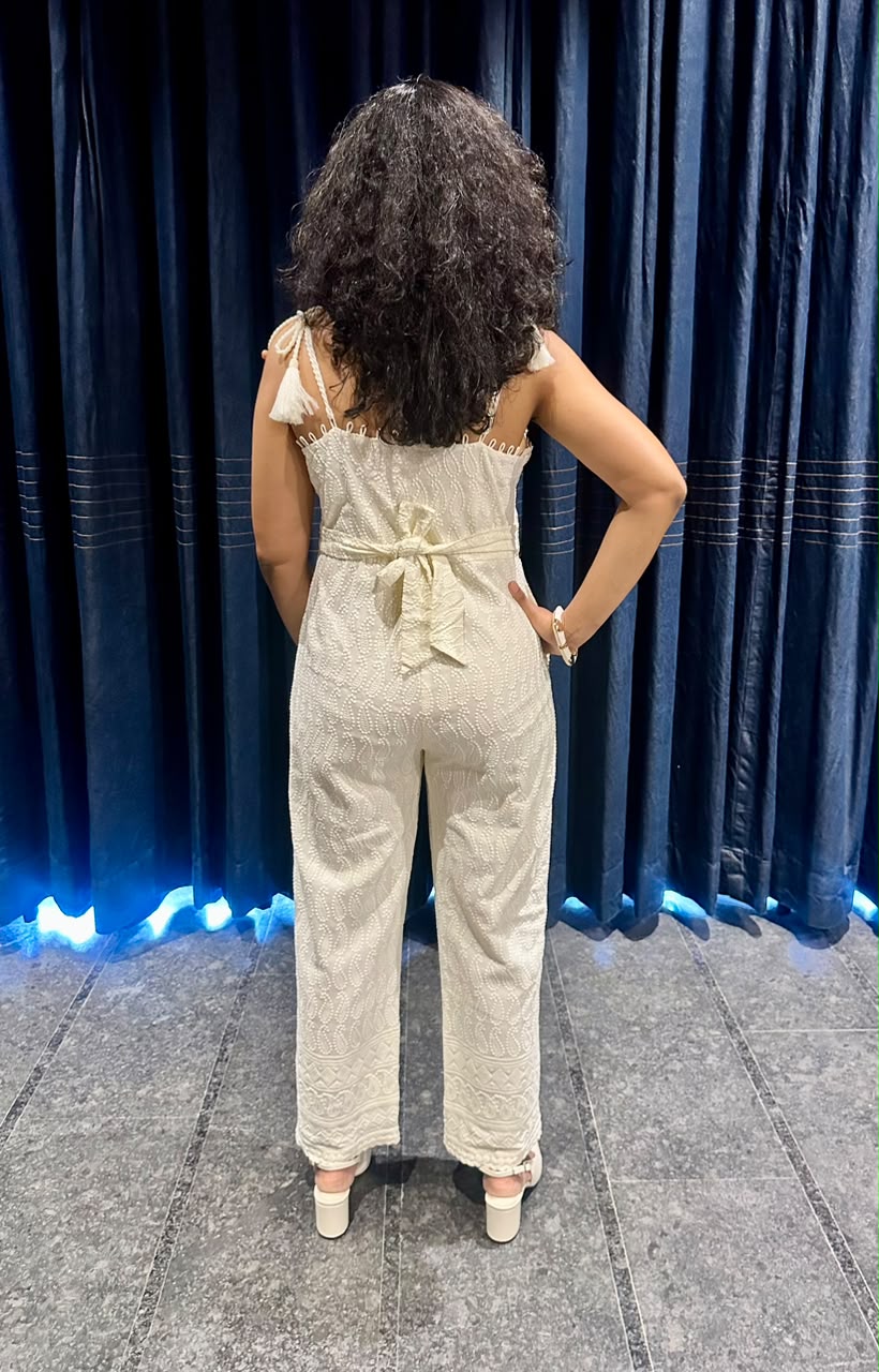 A Stunning Hand-Embroidered Chikankari Jumpsuit with Ruffle Details