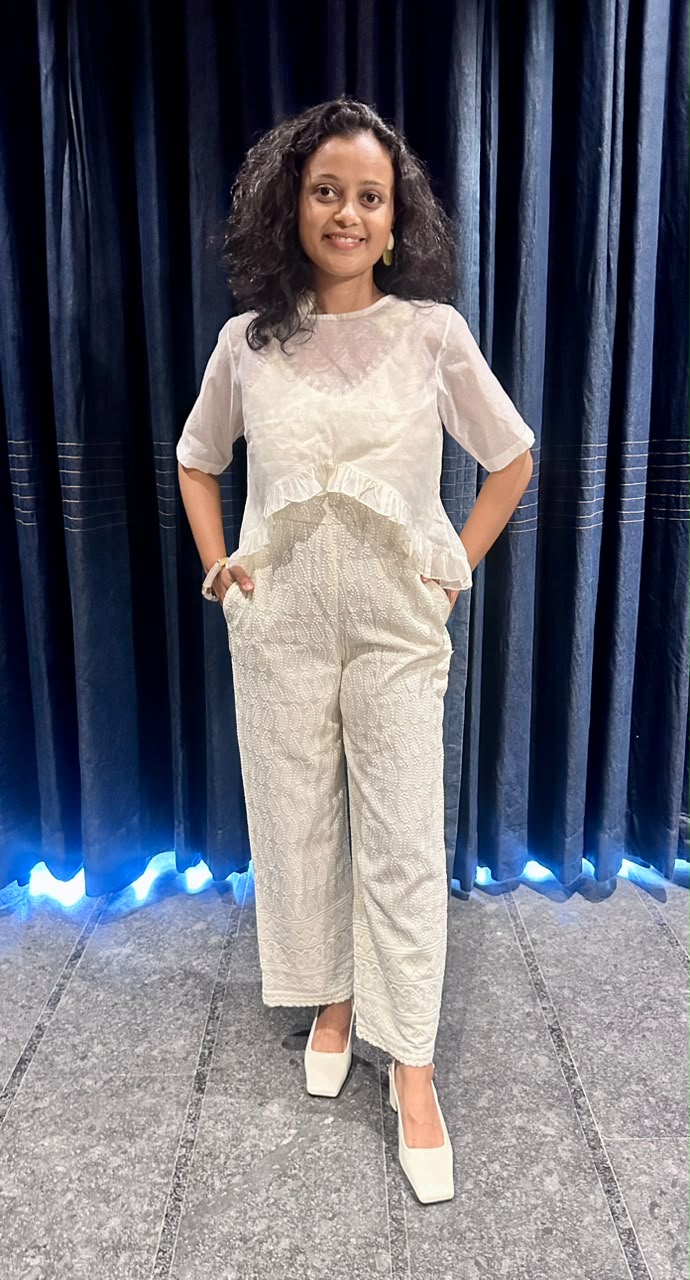 A Stunning Hand-Embroidered Chikankari Jumpsuit with Ruffle Details