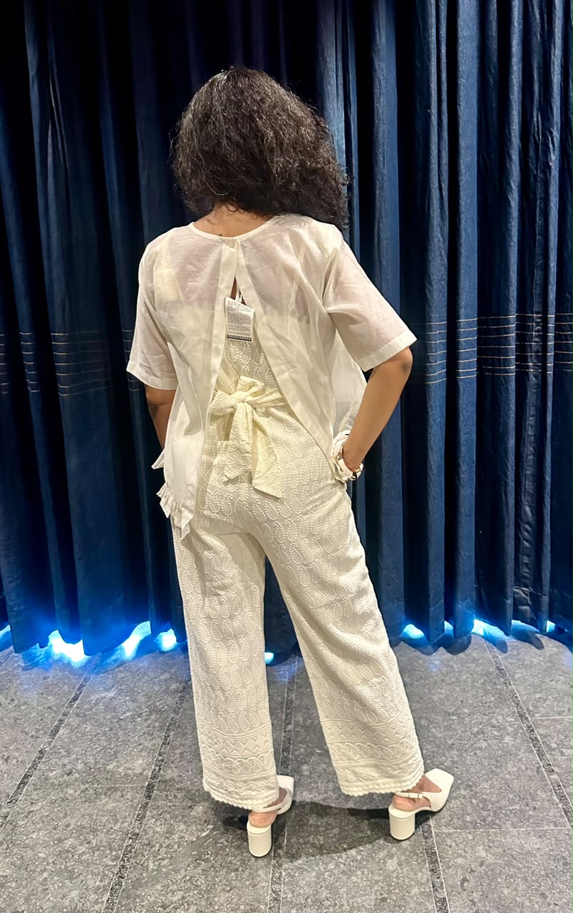 A Stunning Hand-Embroidered Chikankari Jumpsuit with Ruffle Details