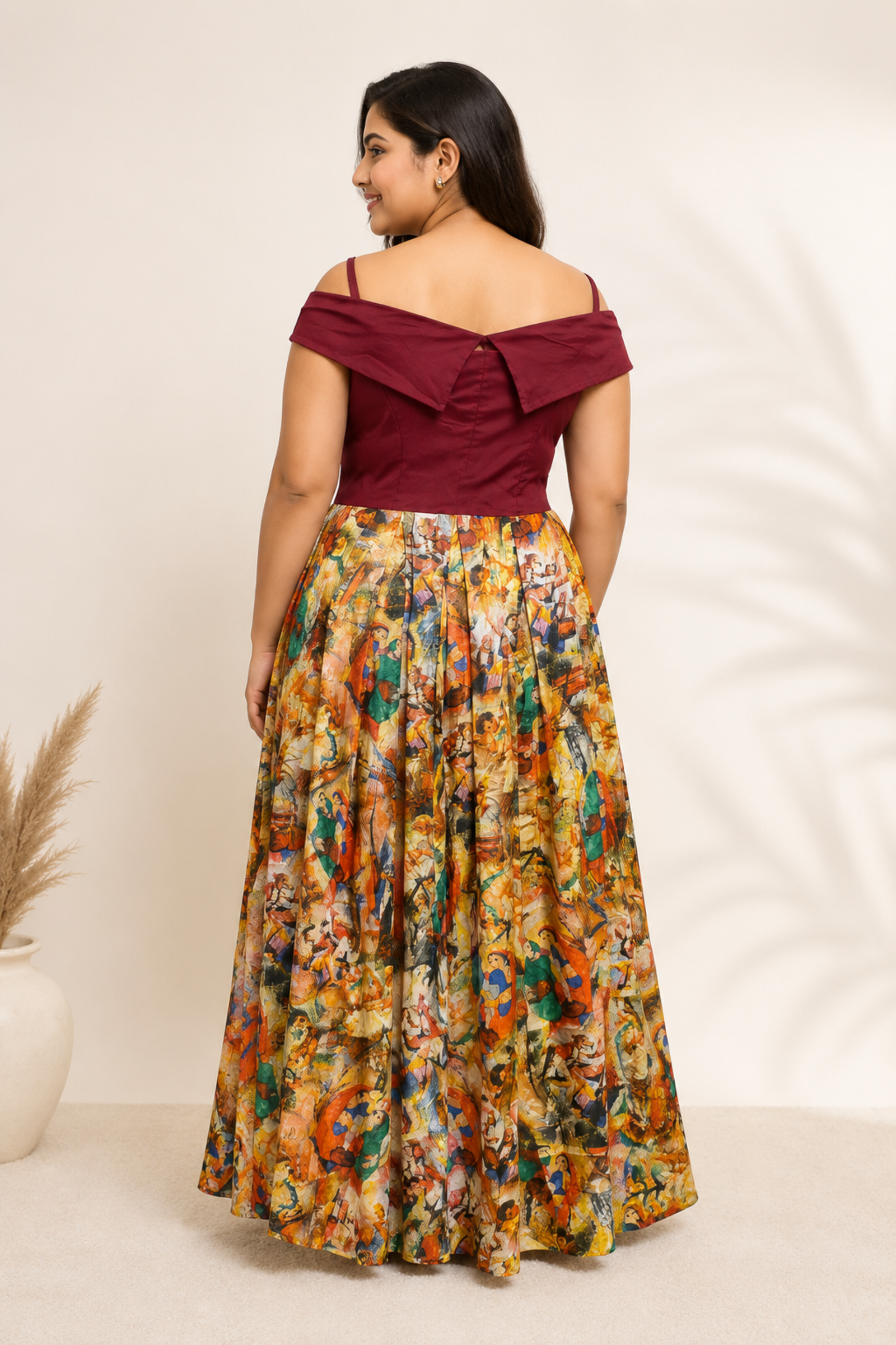 Festive Off-Shoulder Indo-Western Gown with Traditional Gamthi Digital Print