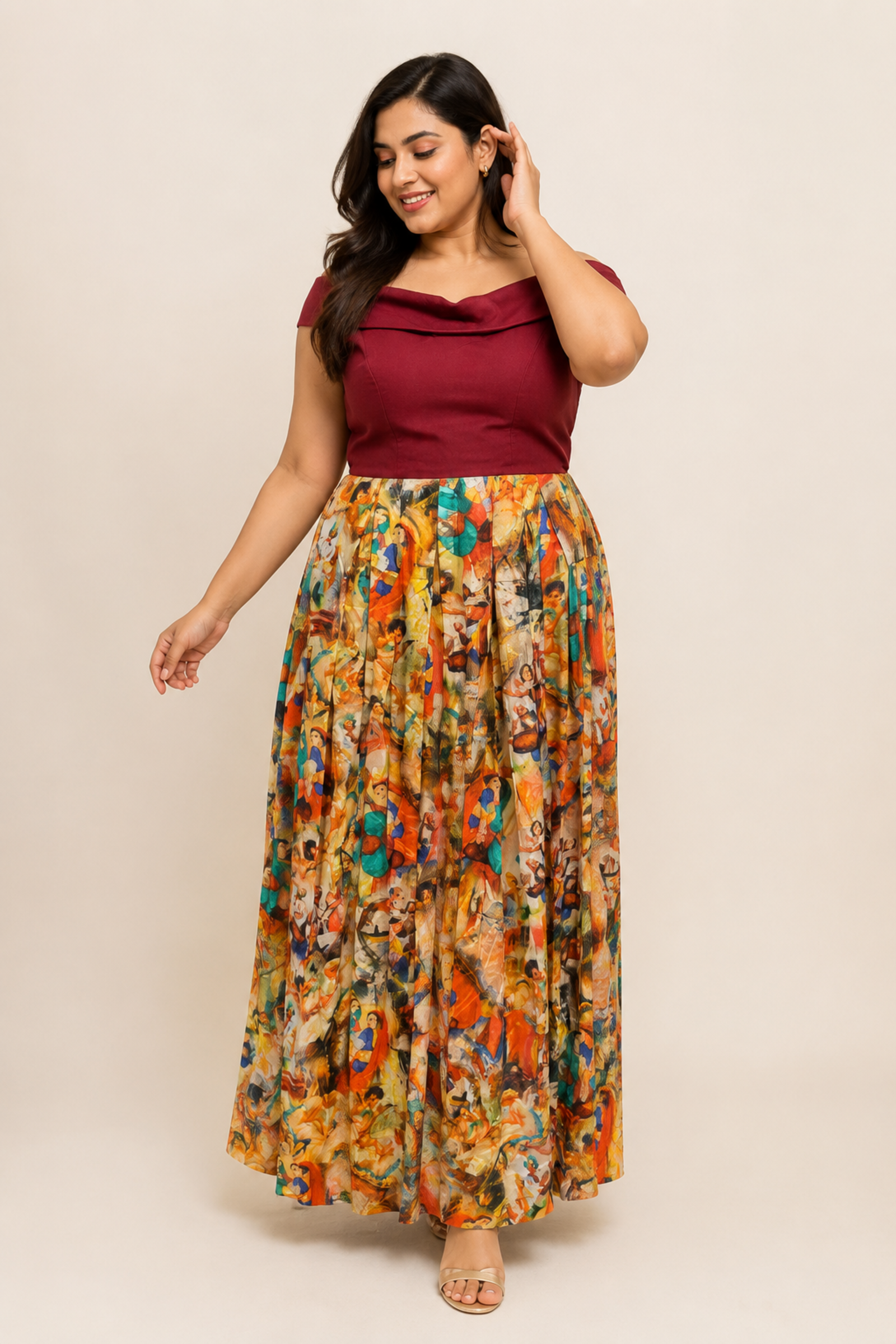 Festive Off-Shoulder Indo-Western Gown with Traditional Gamthi Digital Print