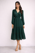 Elegant Emerald Green V-Neck Tiered Midi Dress
