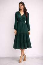 Elegant Emerald Green V-Neck Tiered Midi Dress