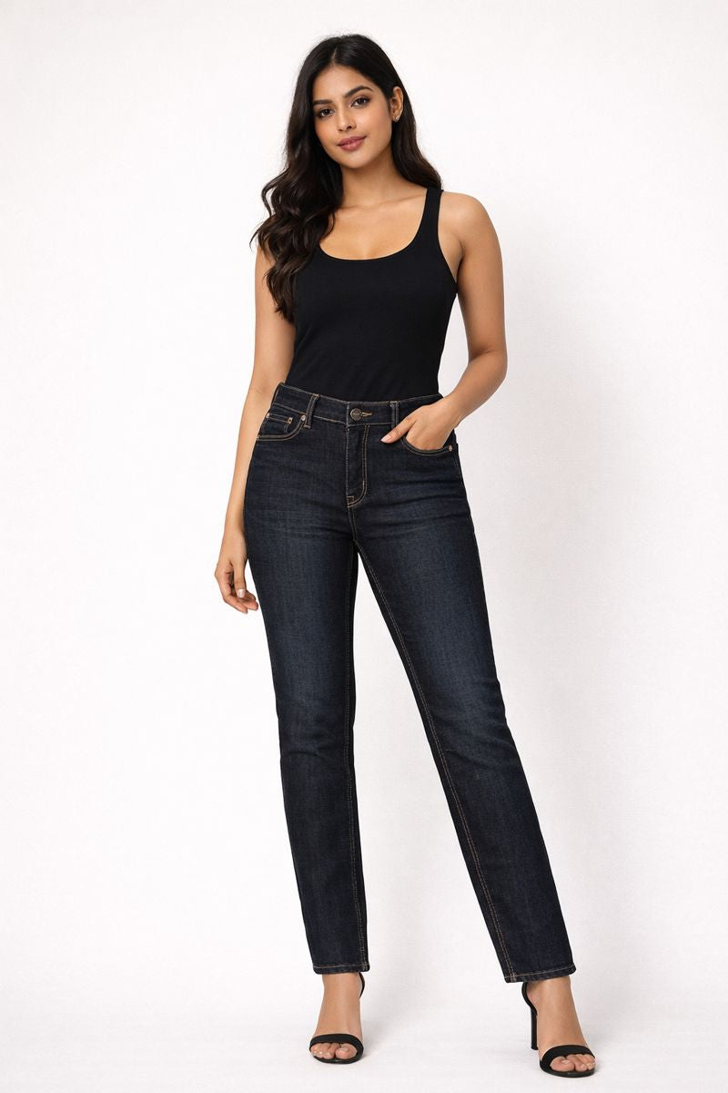 High-Stretch Deep Blue Slim Fit Straight Denim Jeans