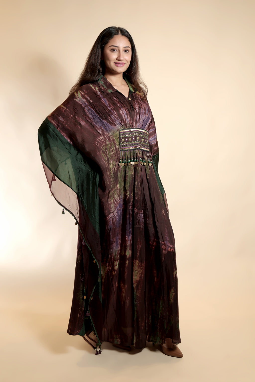 Maroon & Forest Green Crinkled Kaftan with Coin Fringe Embellishment