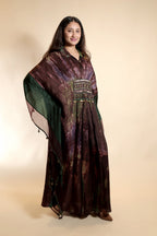 Maroon & Forest Green Crinkled Kaftan with Coin Fringe Embellishment