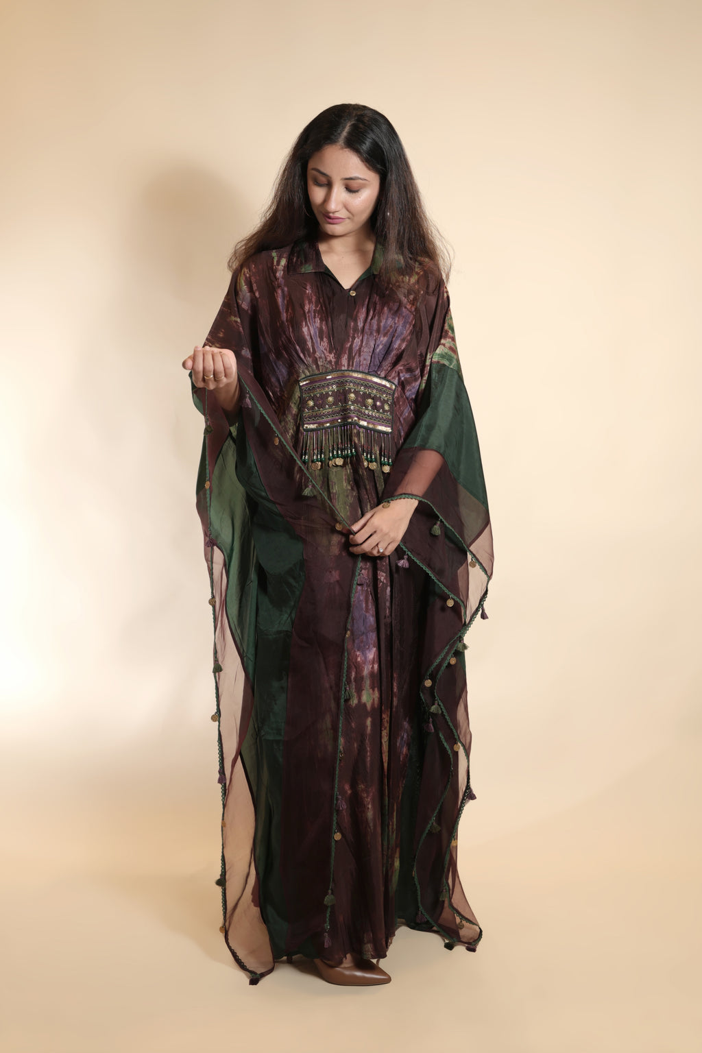 Maroon & Forest Green Crinkled Kaftan with Coin Fringe Embellishment