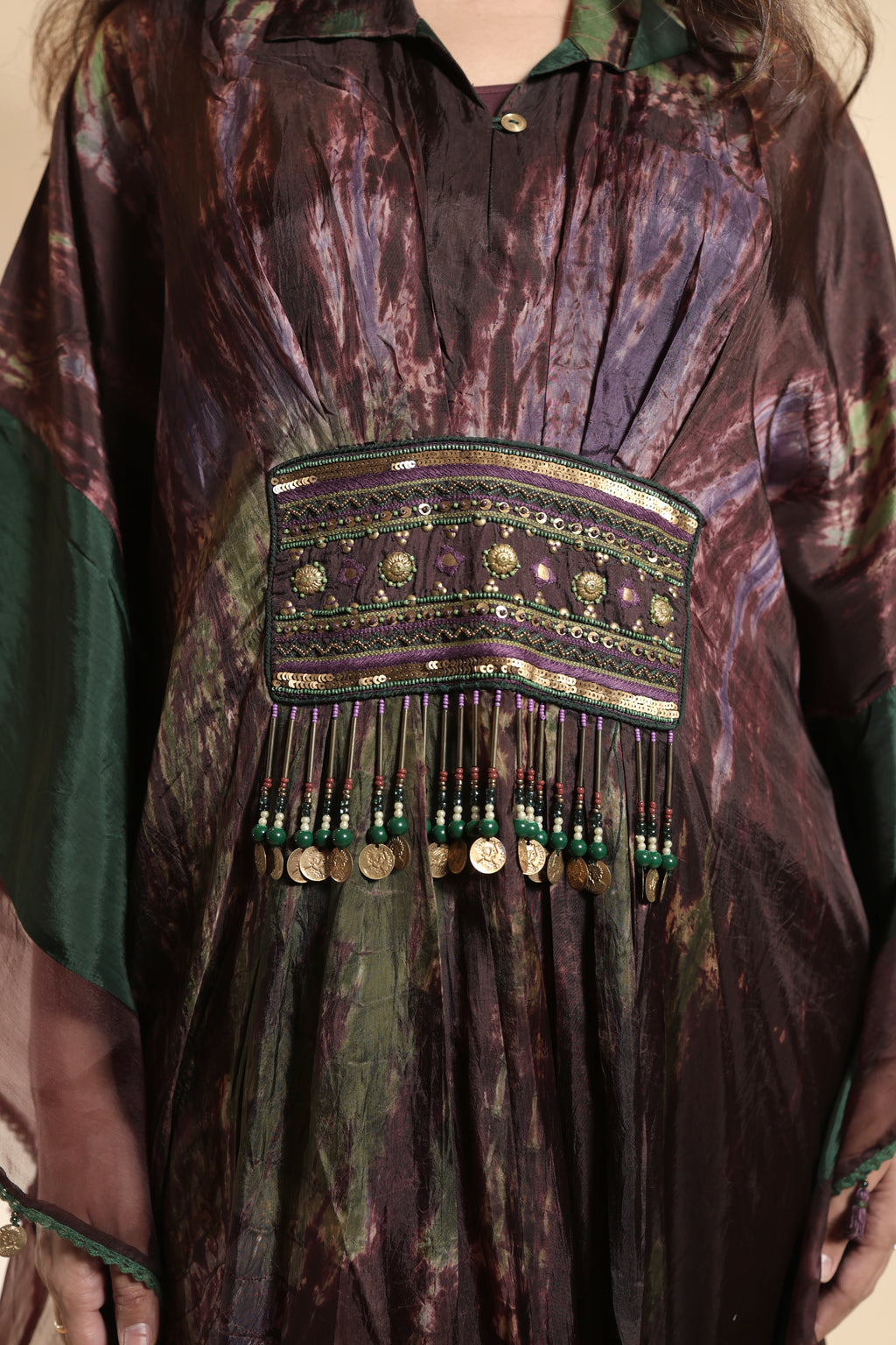 Maroon & Forest Green Crinkled Kaftan with Coin Fringe Embellishment