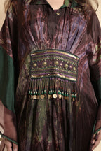 Maroon & Forest Green Crinkled Kaftan with Coin Fringe Embellishment