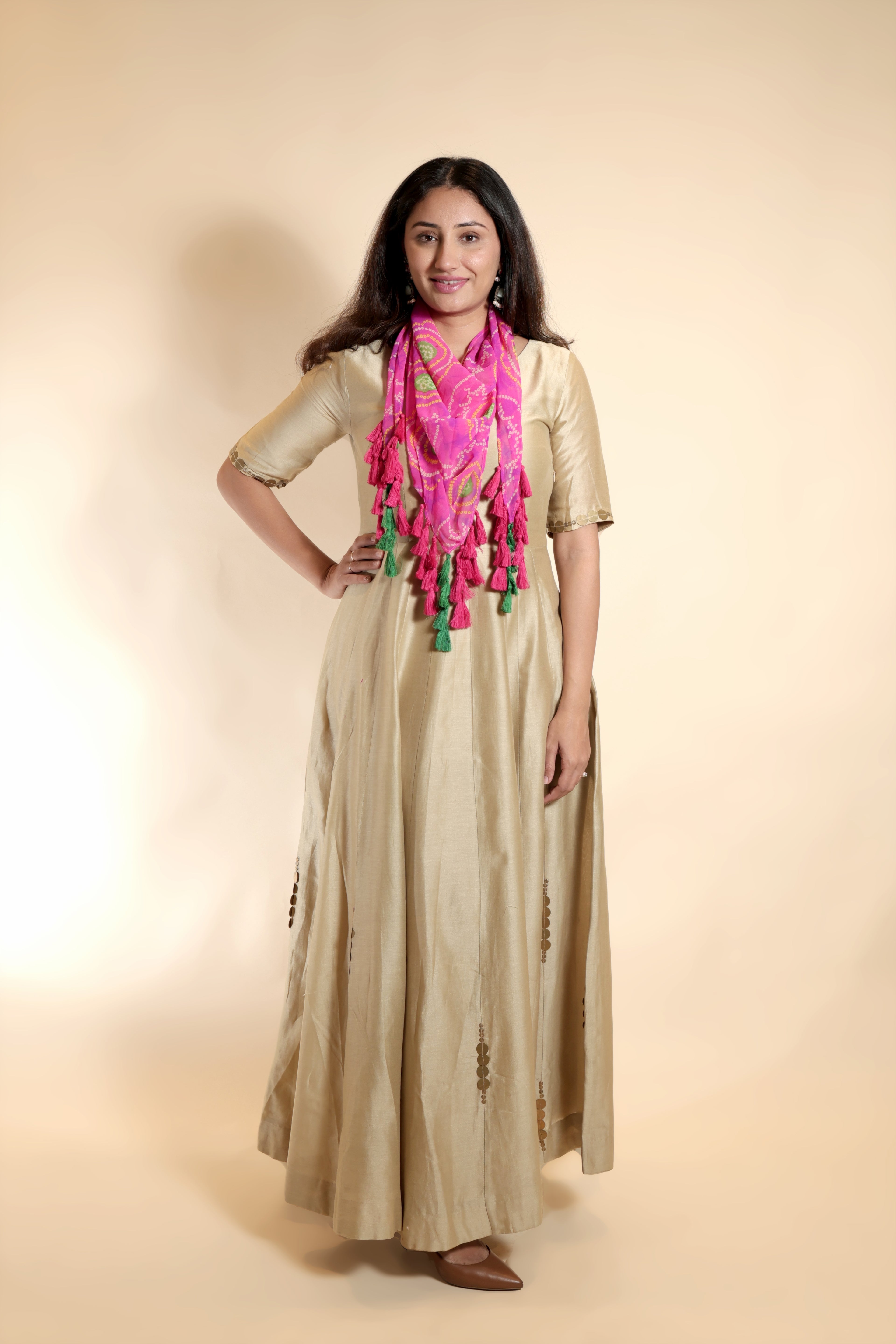 Golden Silk Gown with Pink Bandhani Scarf