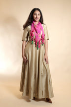 Golden Silk Gown with Pink Bandhani Scarf