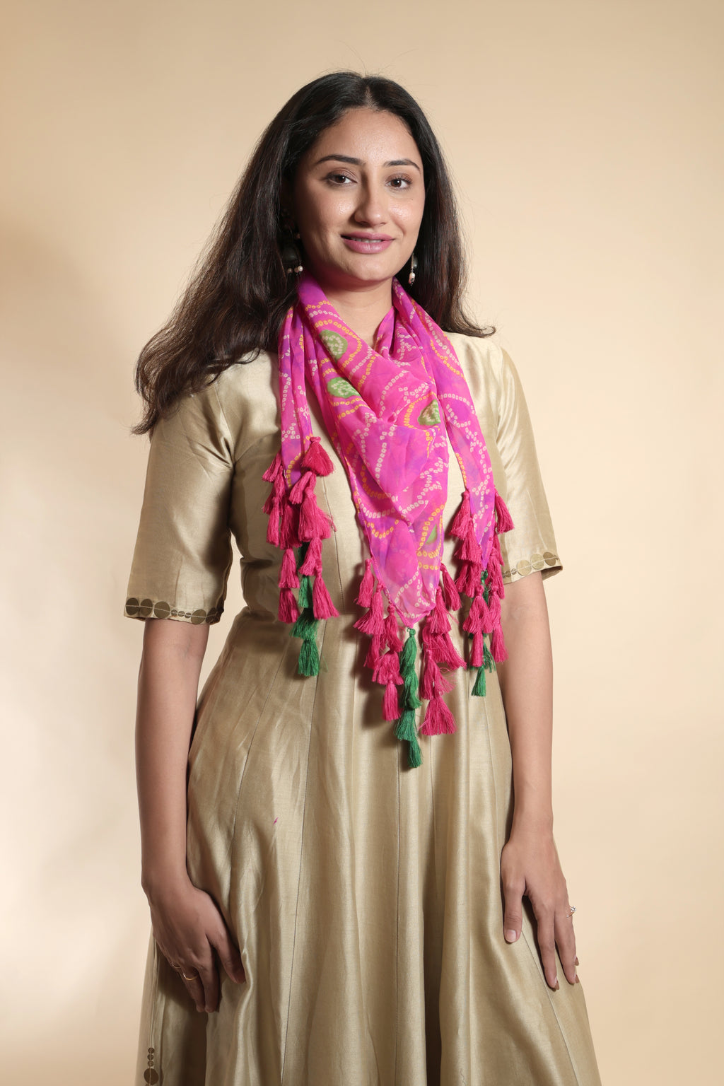 Golden Silk Gown with Pink Bandhani Scarf