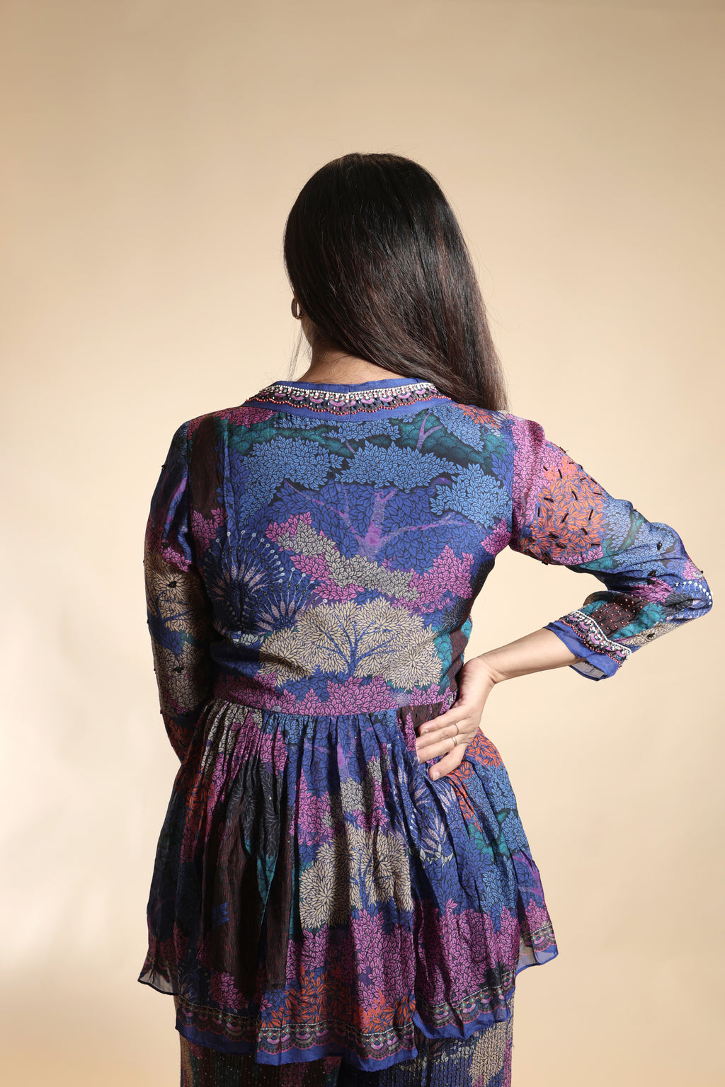 Sequin-Embellished Floral Peplum Suit