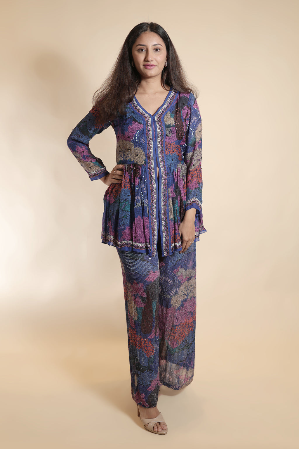 Sequin-Embellished Floral Peplum Suit