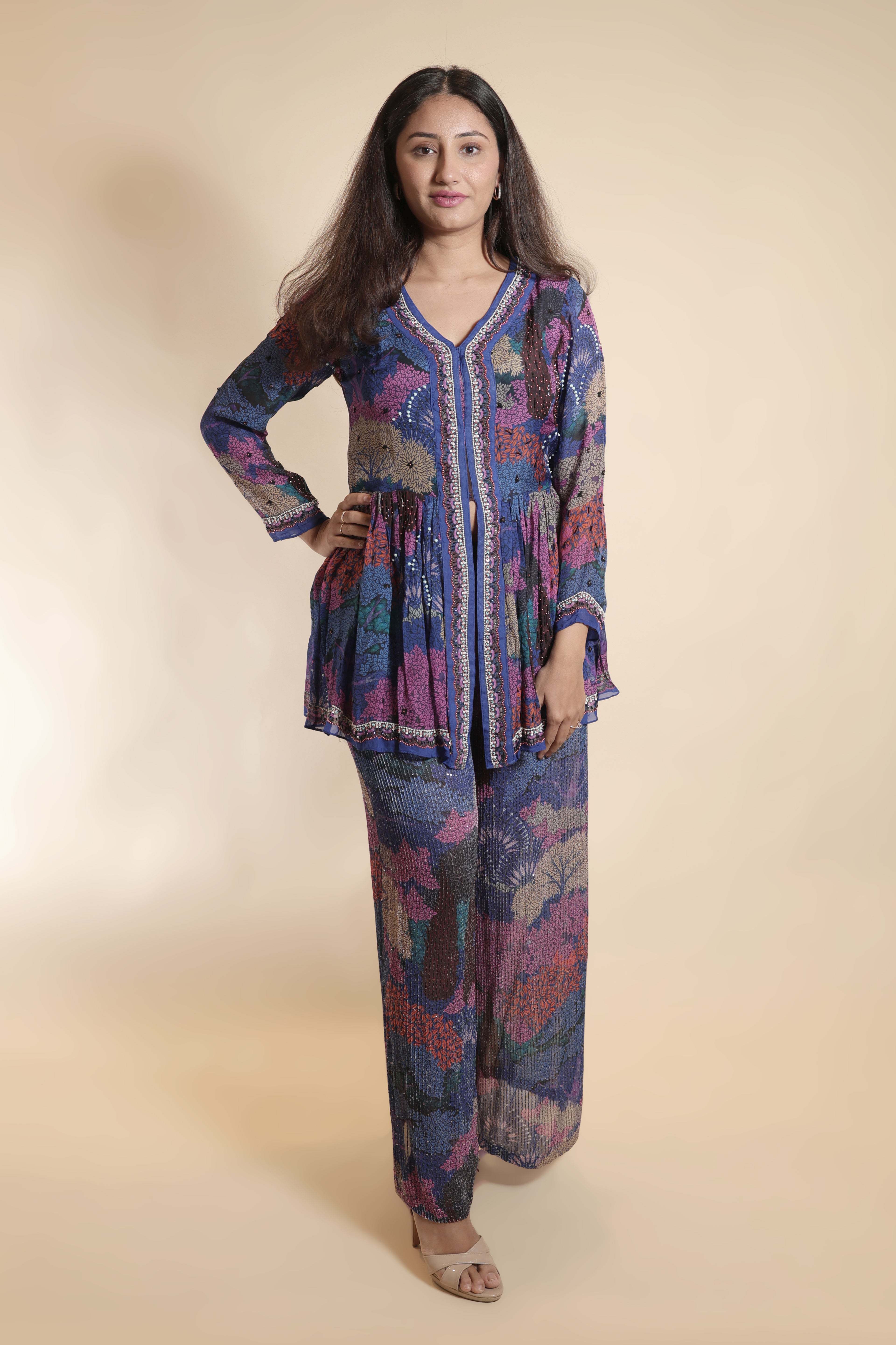 Sequin-Embellished Floral Peplum Suit