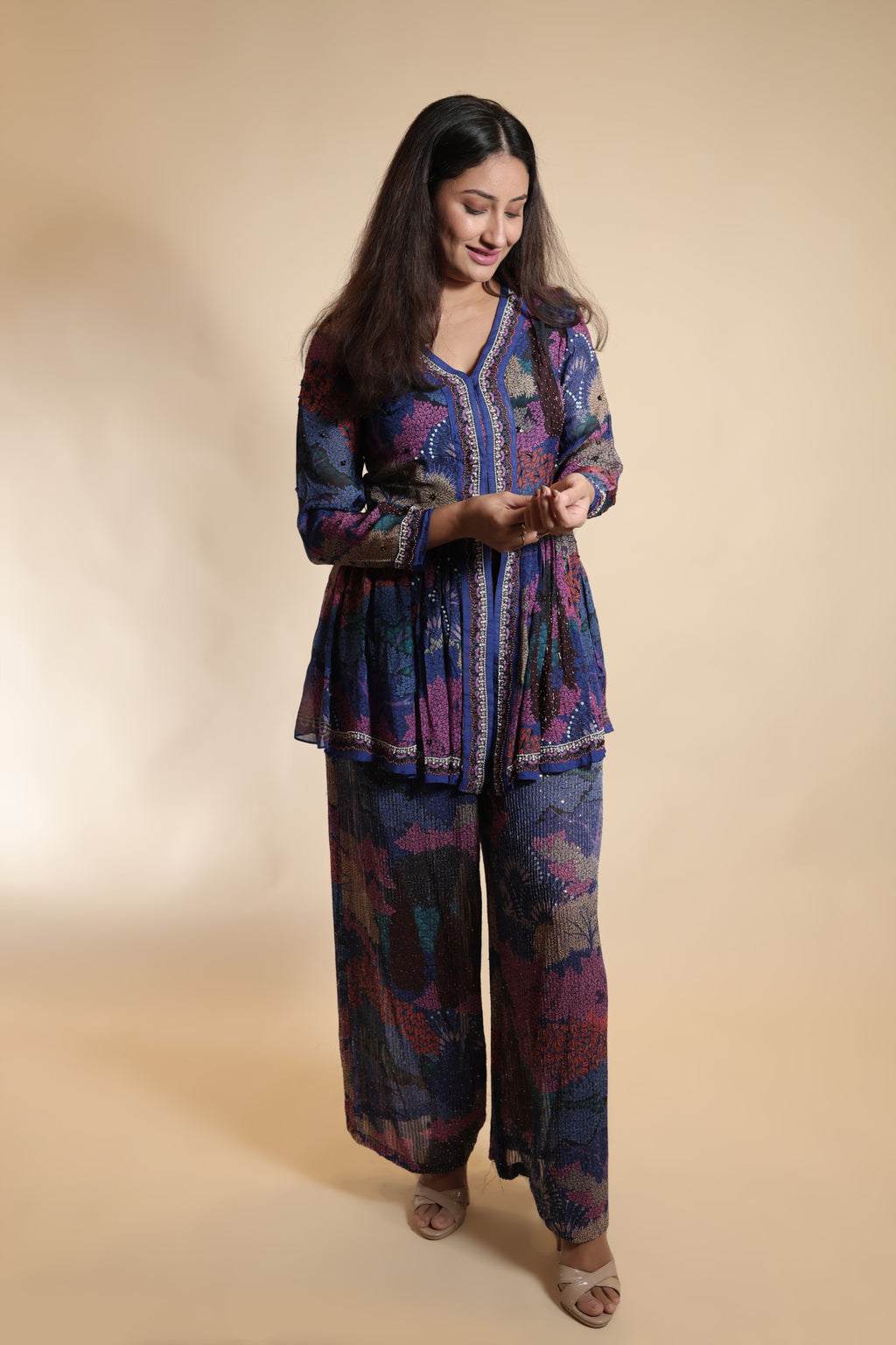 Sequin-Embellished Floral Peplum Suit