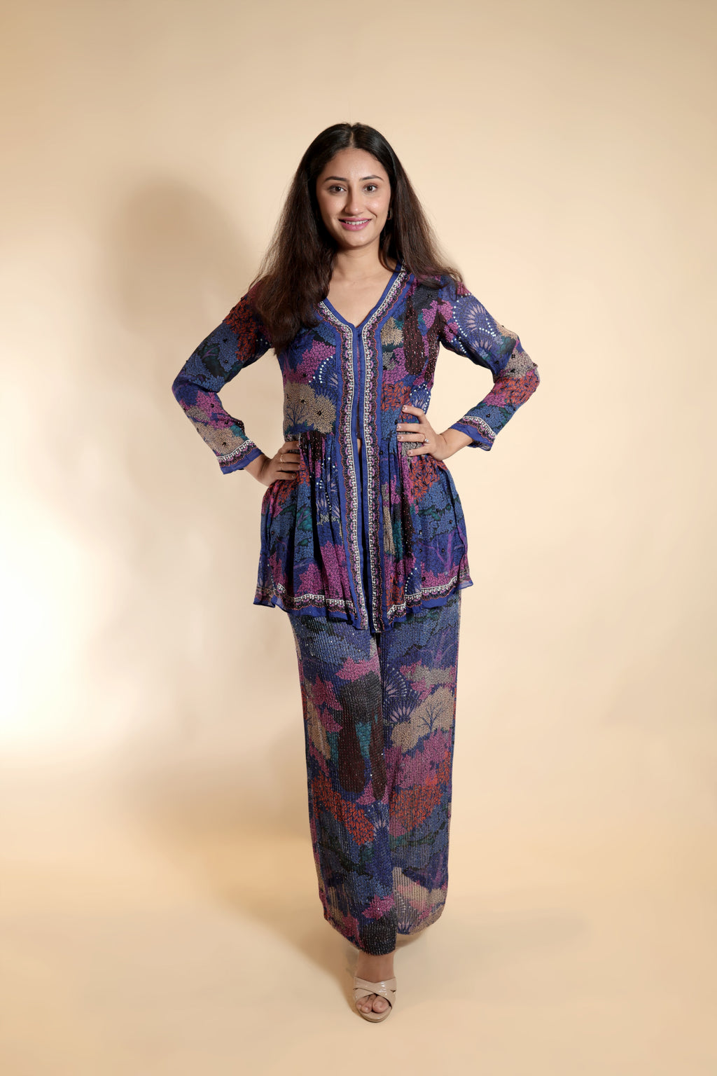 Sequin-Embellished Floral Peplum Suit