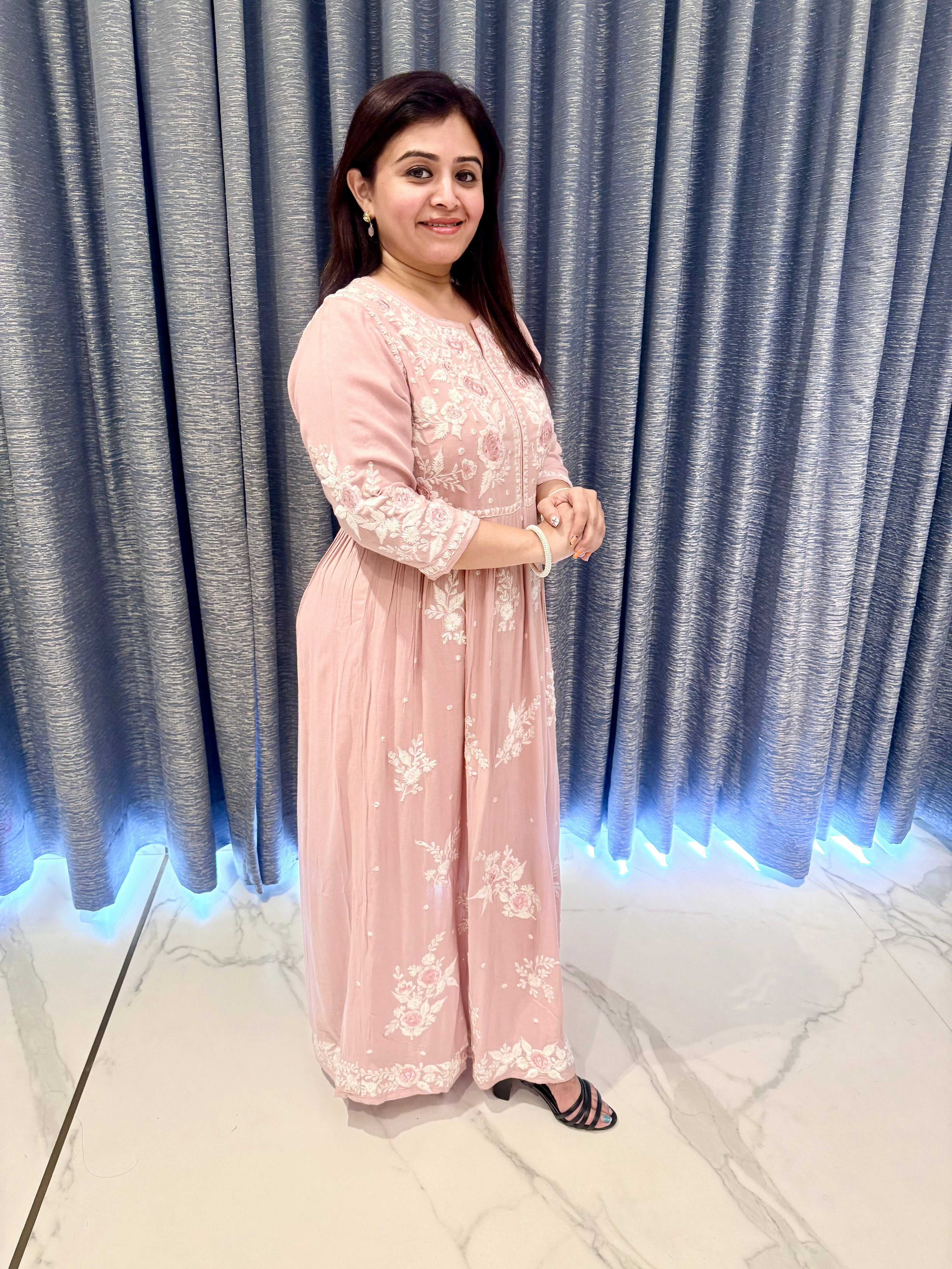Pastel Pink Floor-Length Gown with Intricate White Chikankari-Style Embroidery