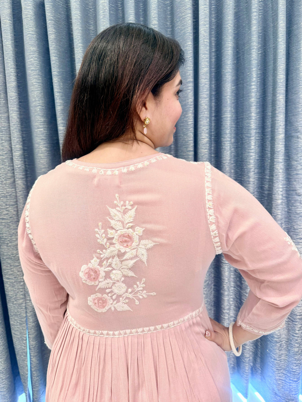 Pastel Pink Floor-Length Gown with Intricate White Chikankari-Style Embroidery