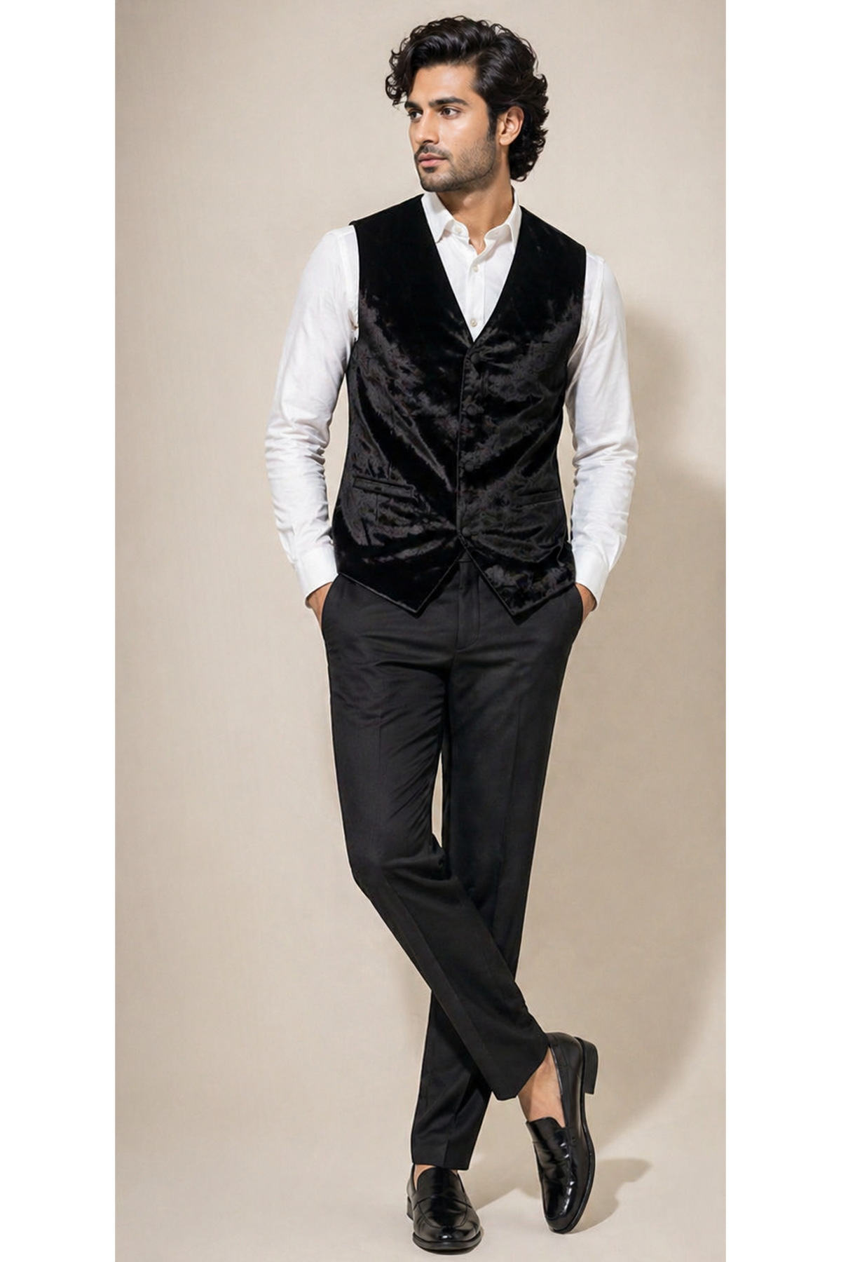 Luxurious Black Crushed Velvet Slim-Fit Waistcoat