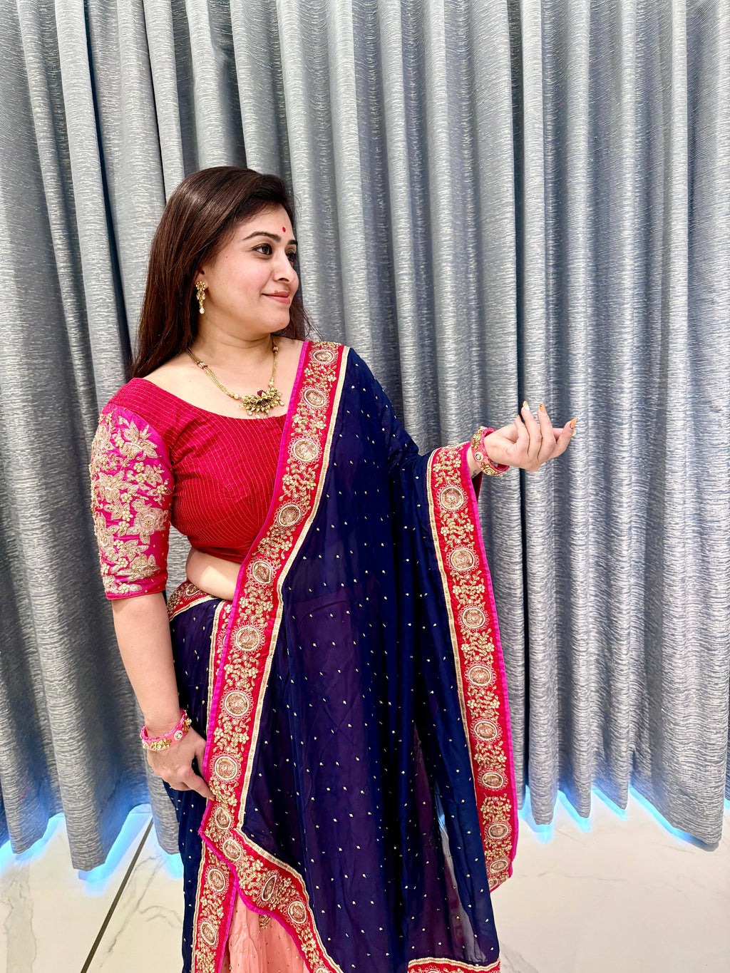 Royal Navy & Fuchsia Hand-Embroidered Chaniya Choli