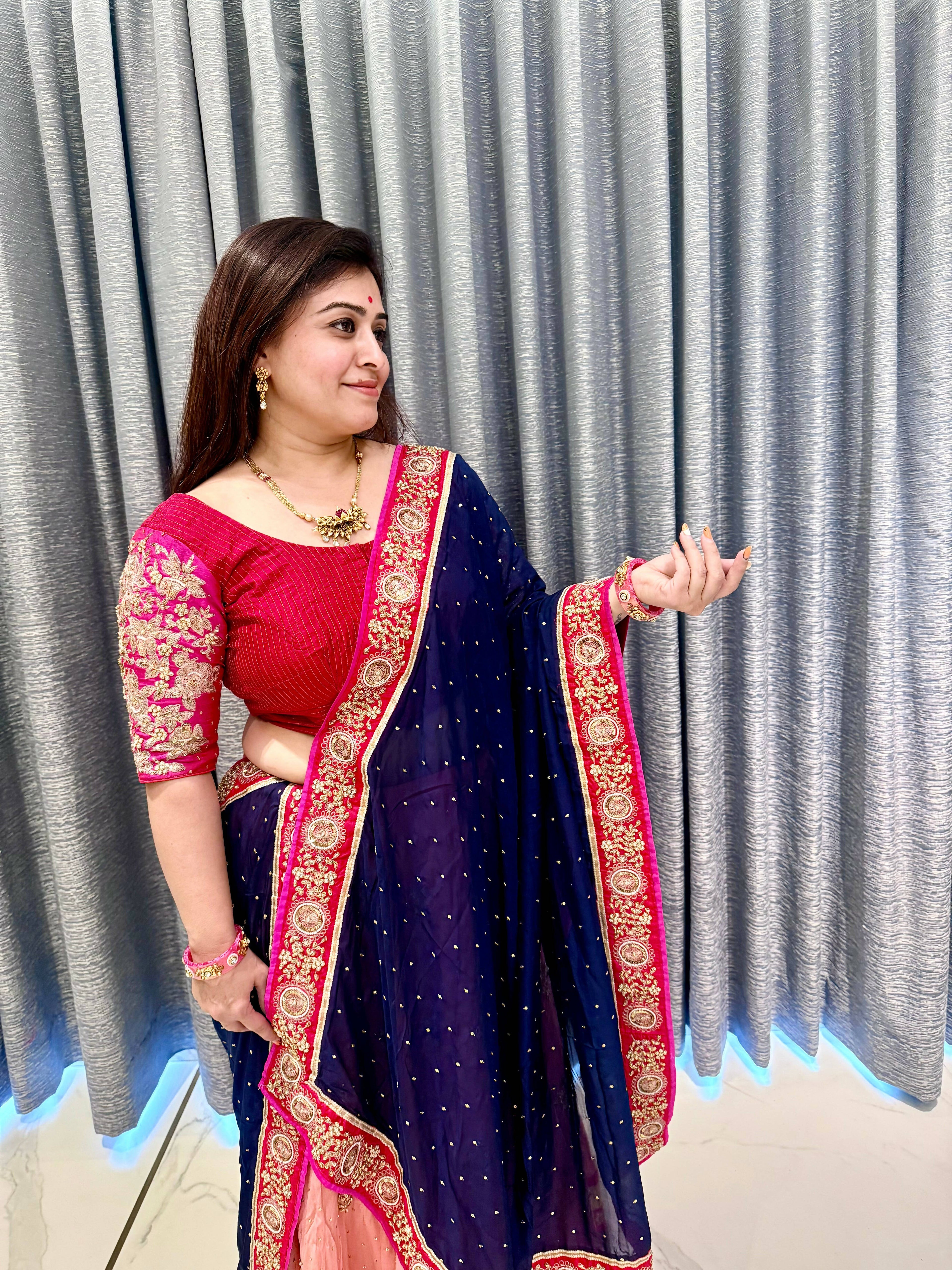 Royal Navy & Fuchsia Hand-Embroidered Chaniya Choli