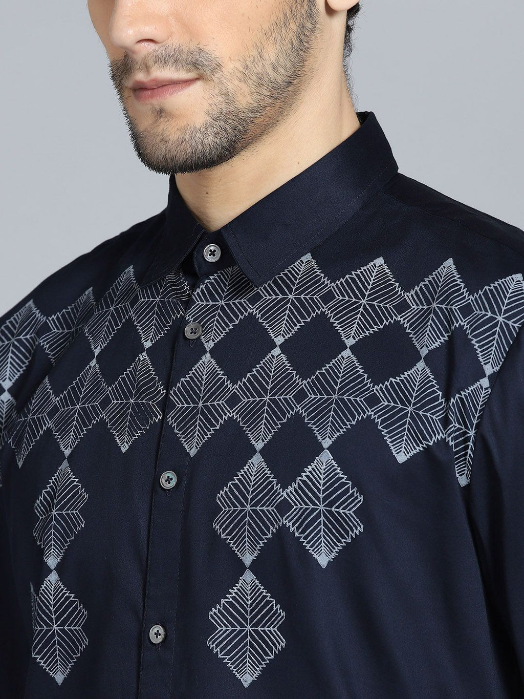 Men Navy Blue Ivory Block Print Smart Casual Shirt